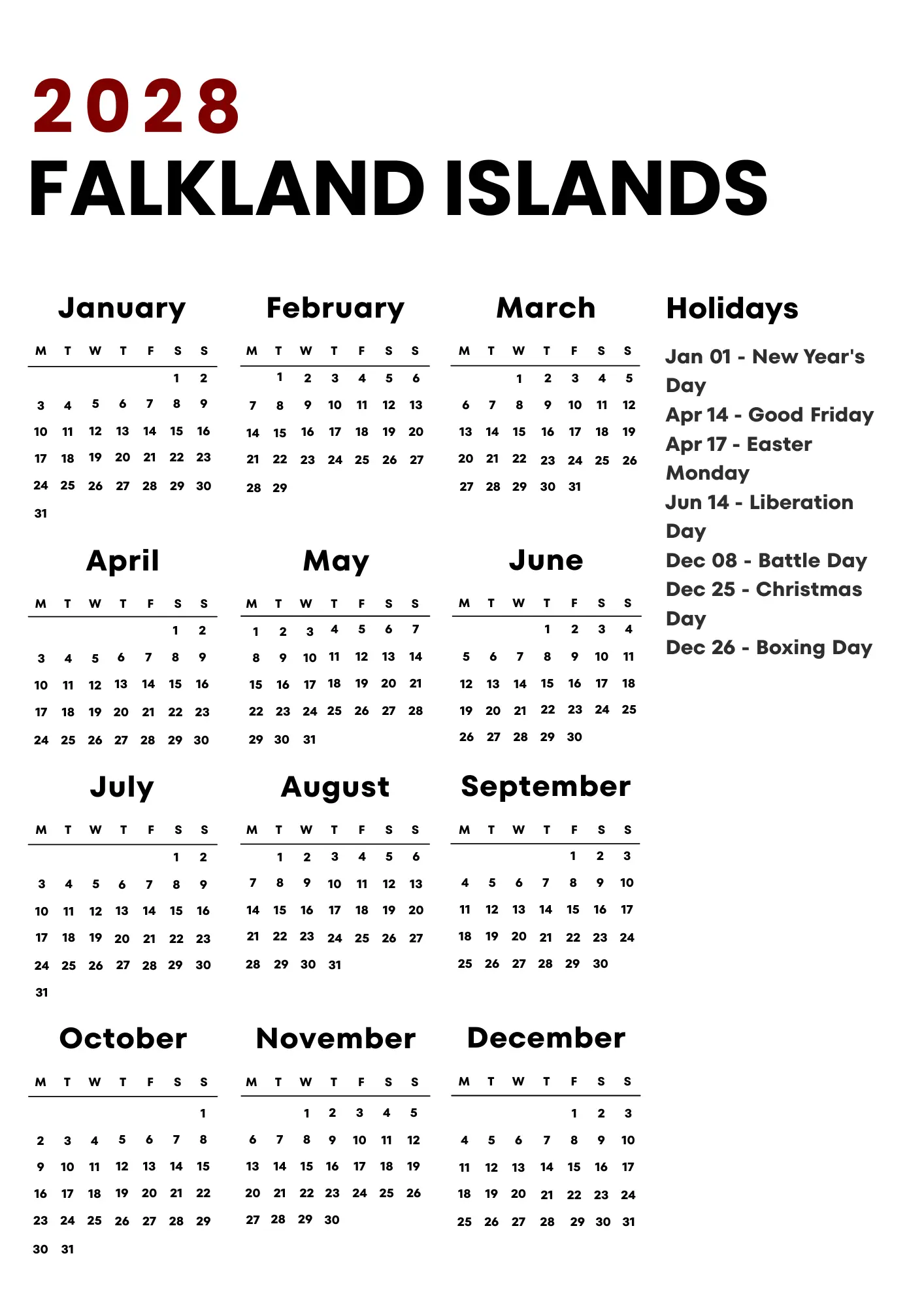 Falkland Islands Calendar 2028