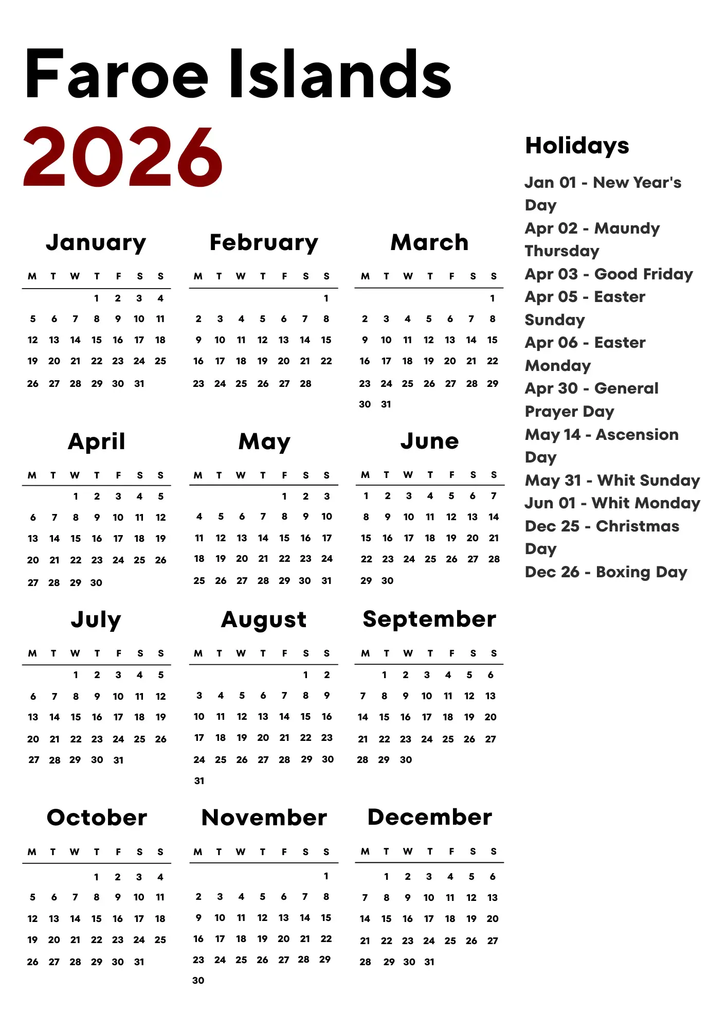Faroe Islands Calendar 2026