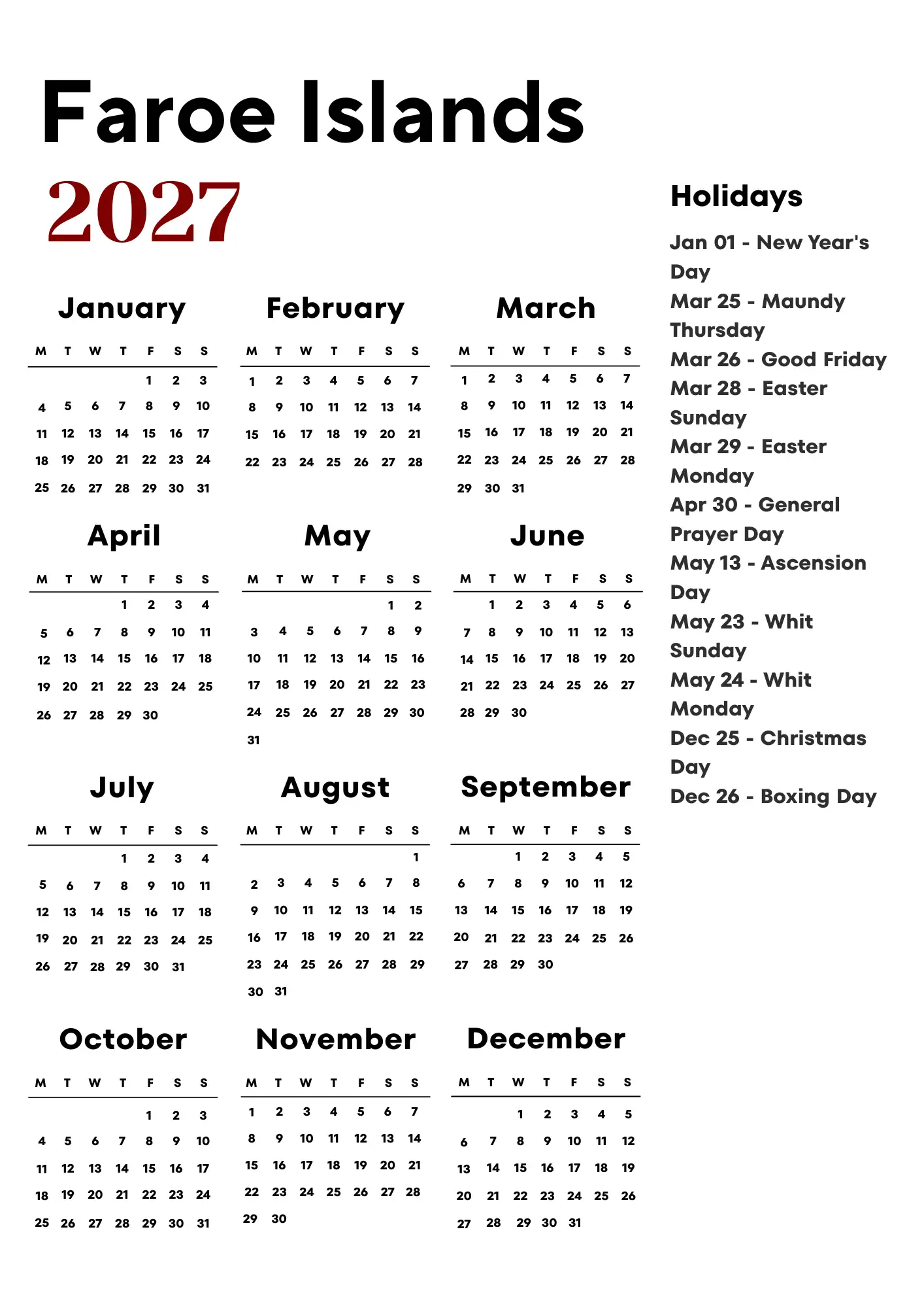 Faroe Islands Calendar 2027