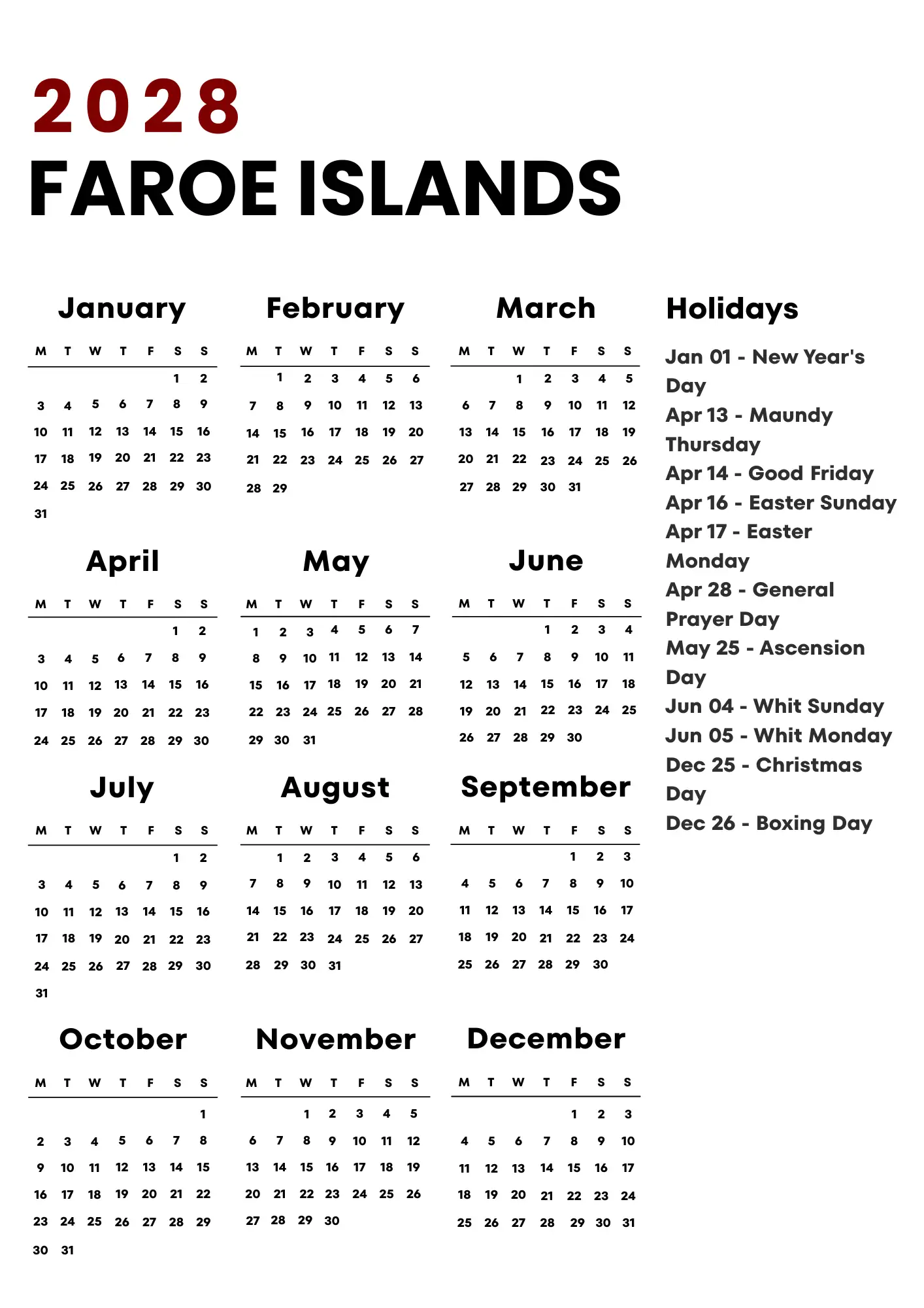 Faroe Islands Calendar 2028