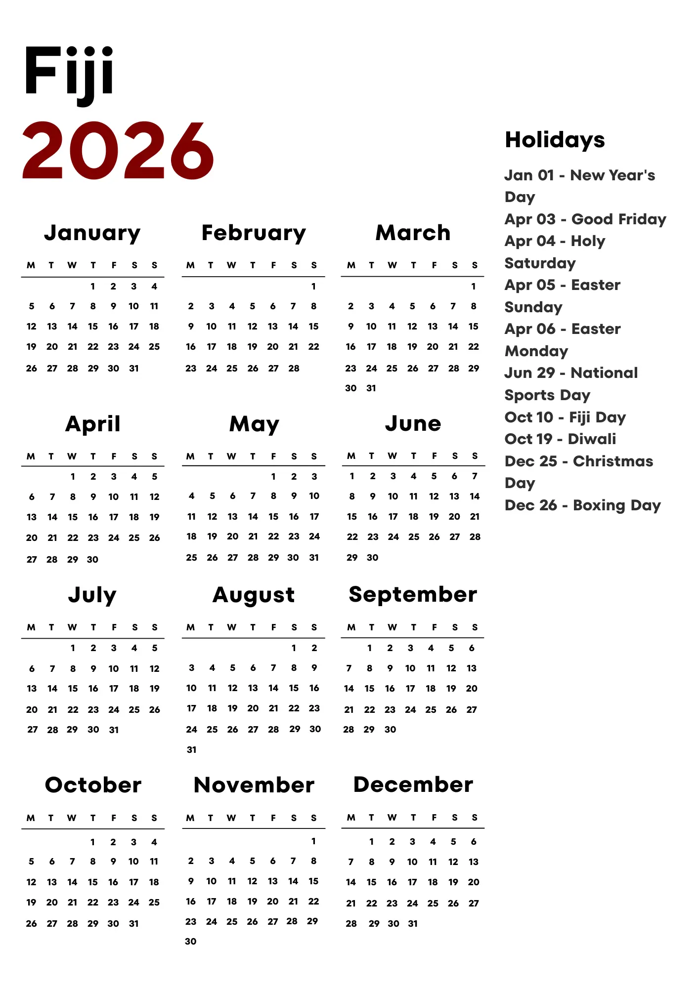 Fiji Calendar 2026
