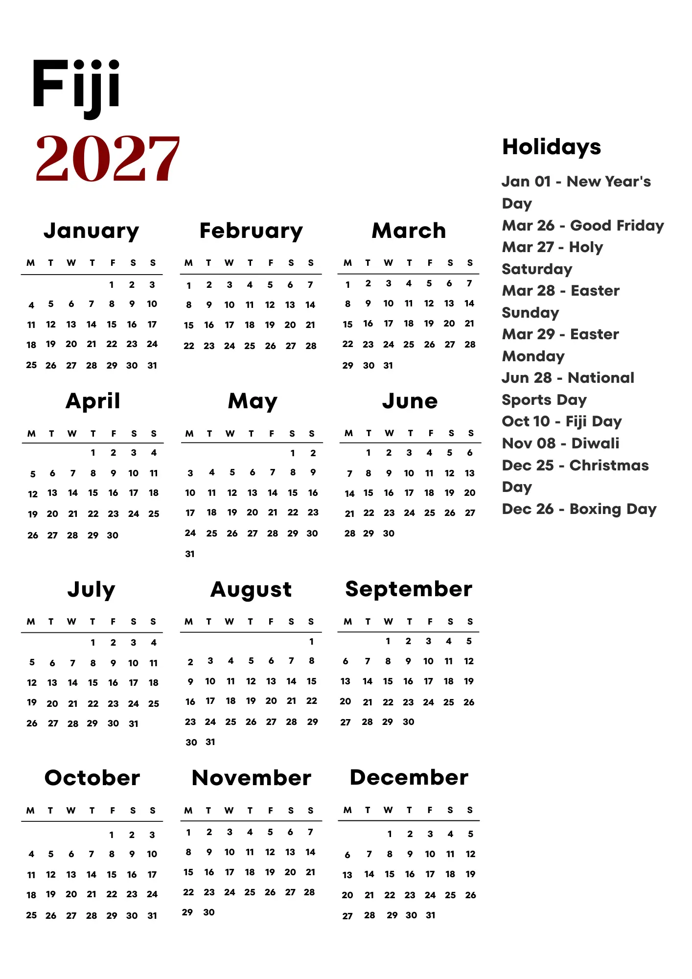 Fiji Calendar 2027