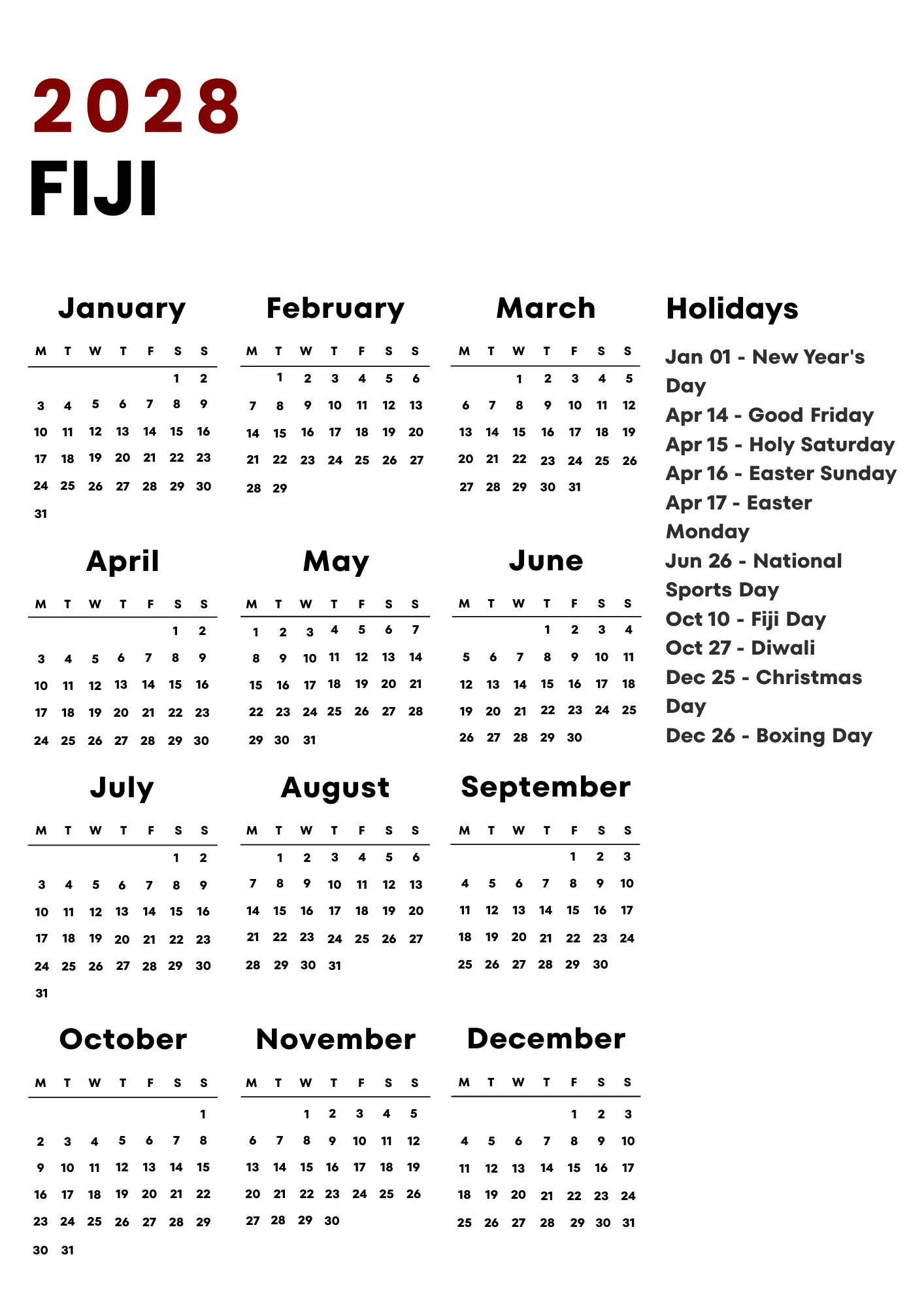 Fiji Calendar 2028