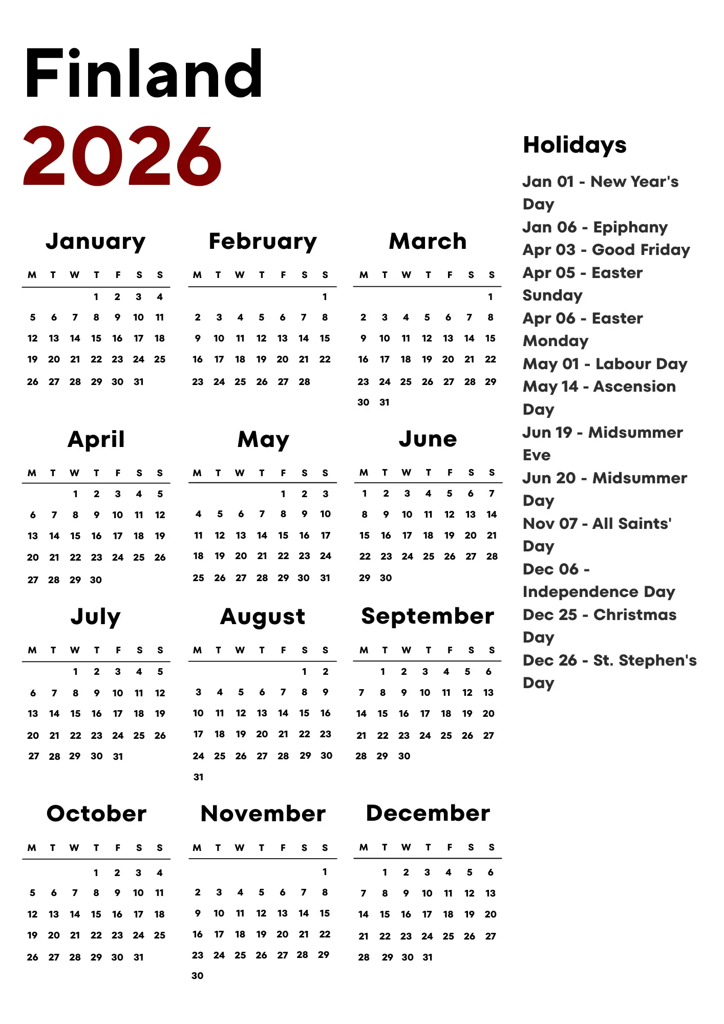 Finland Calendar 2026