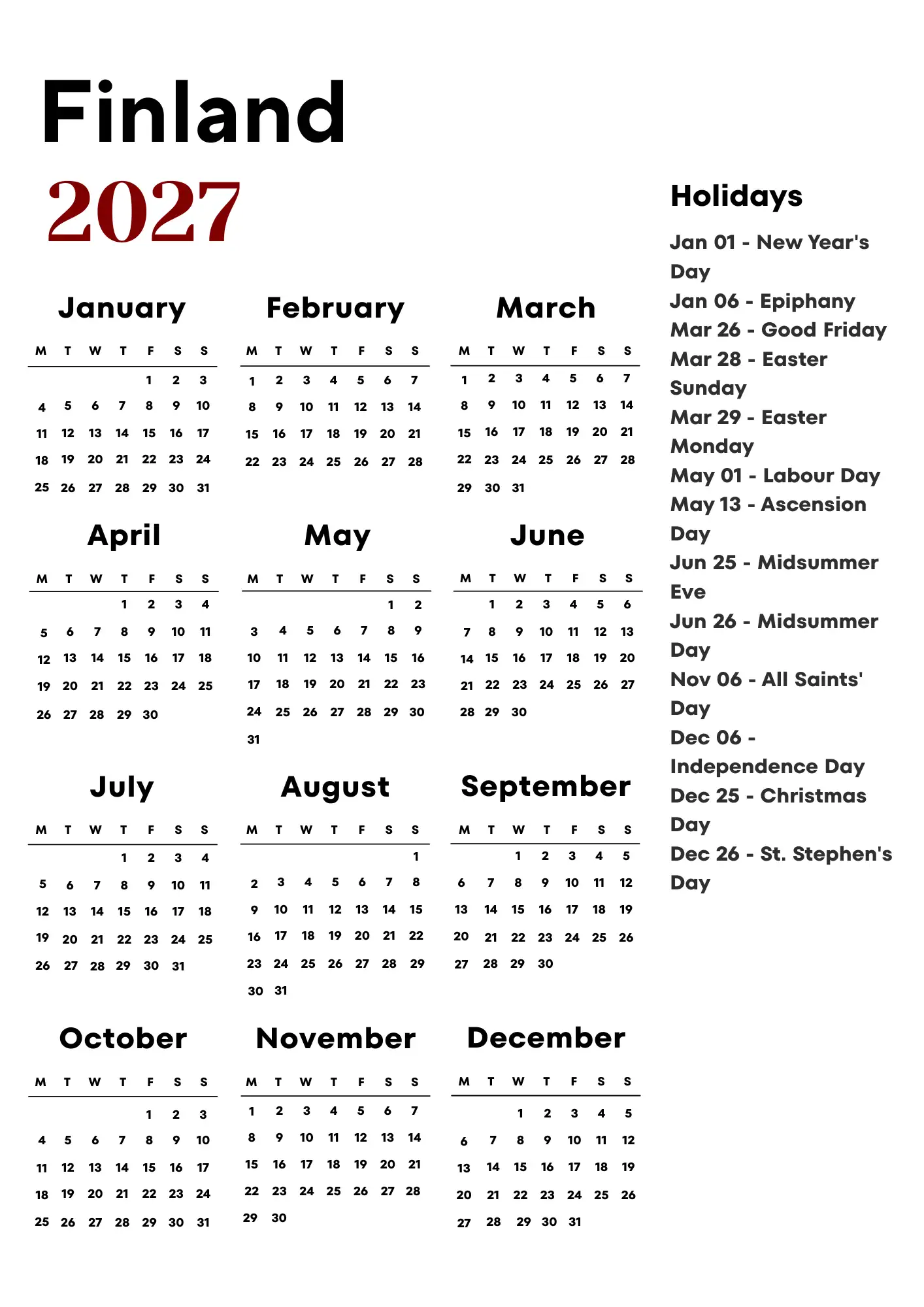 Finland Calendar 2027