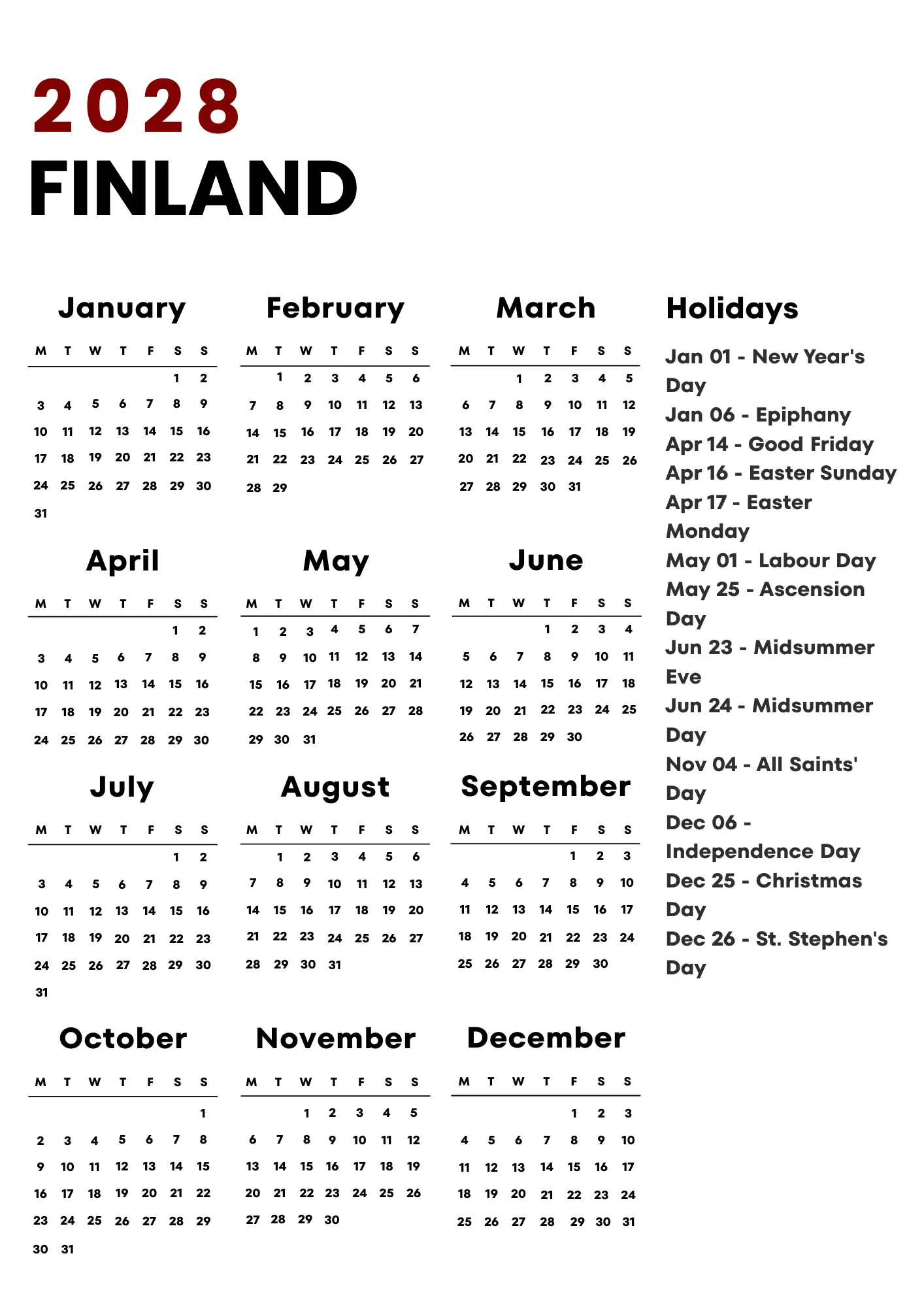 Finland Calendar 2028
