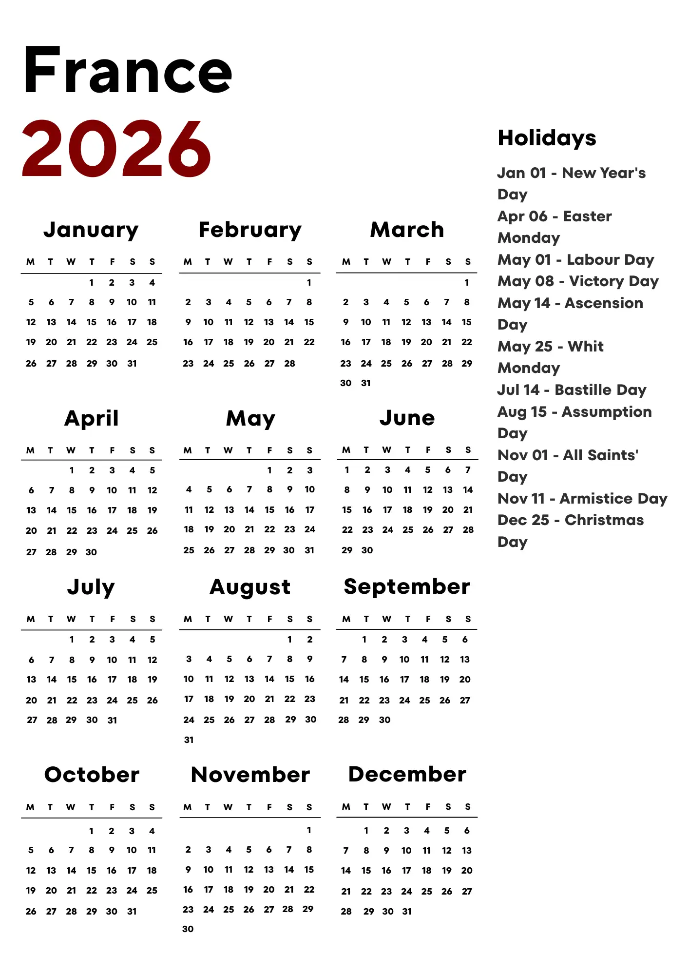 France Calendar 2026