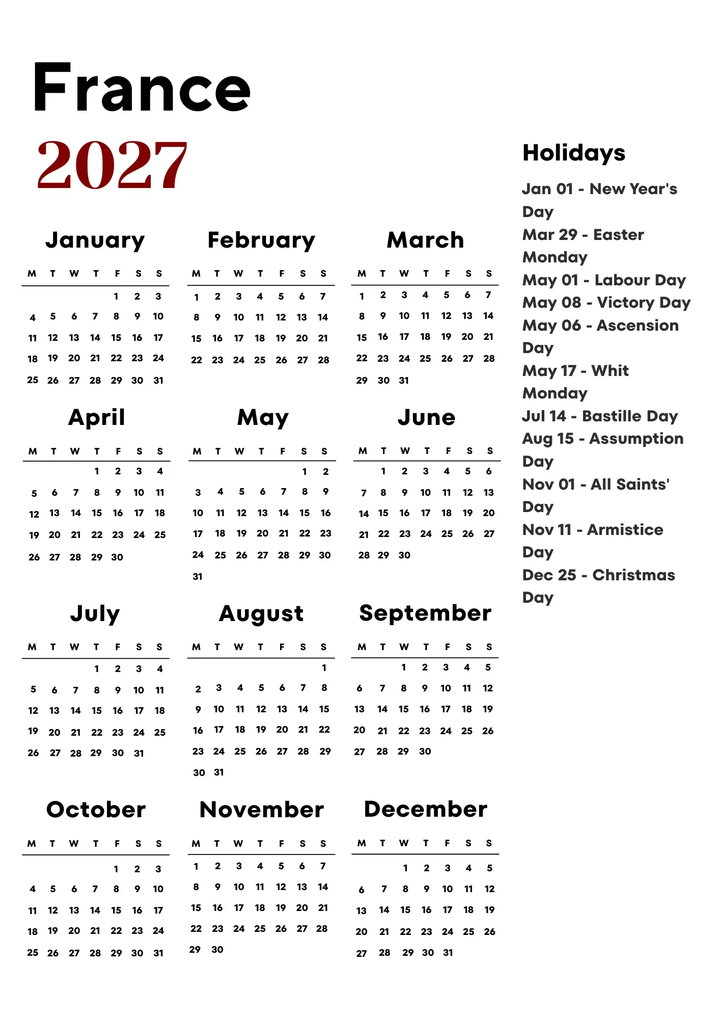 France Calendar 2027