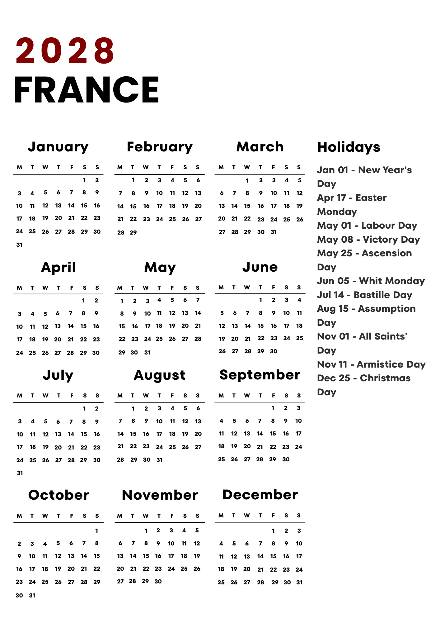 France Calendar 2028