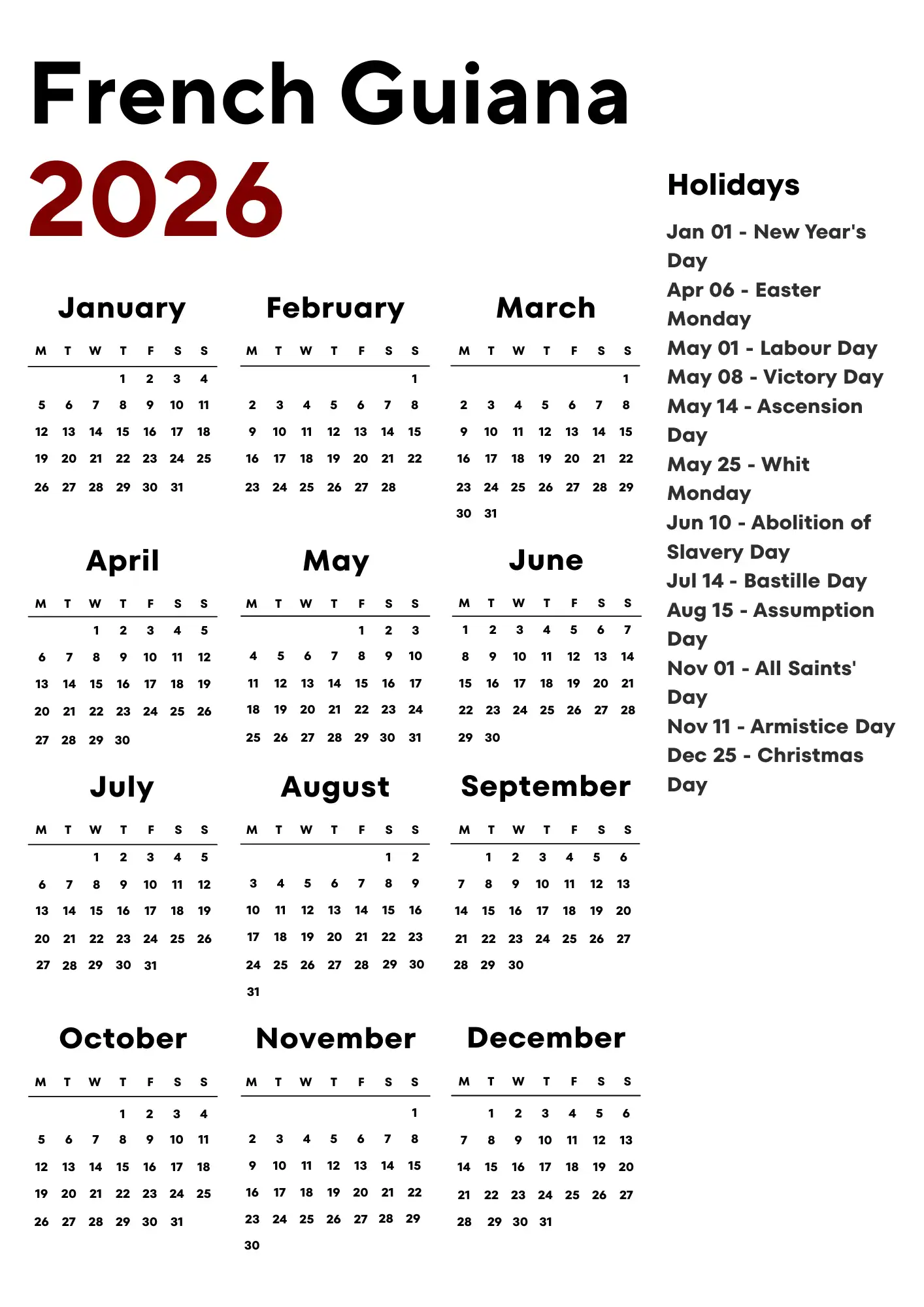 French Guiana Calendar 2026