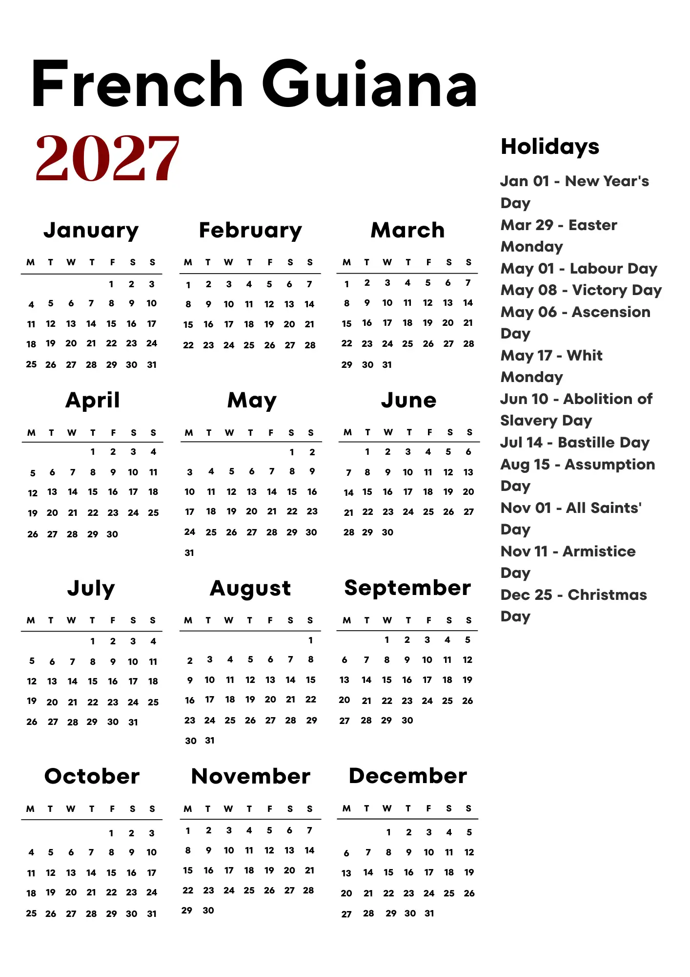 French Guiana Calendar 2027
