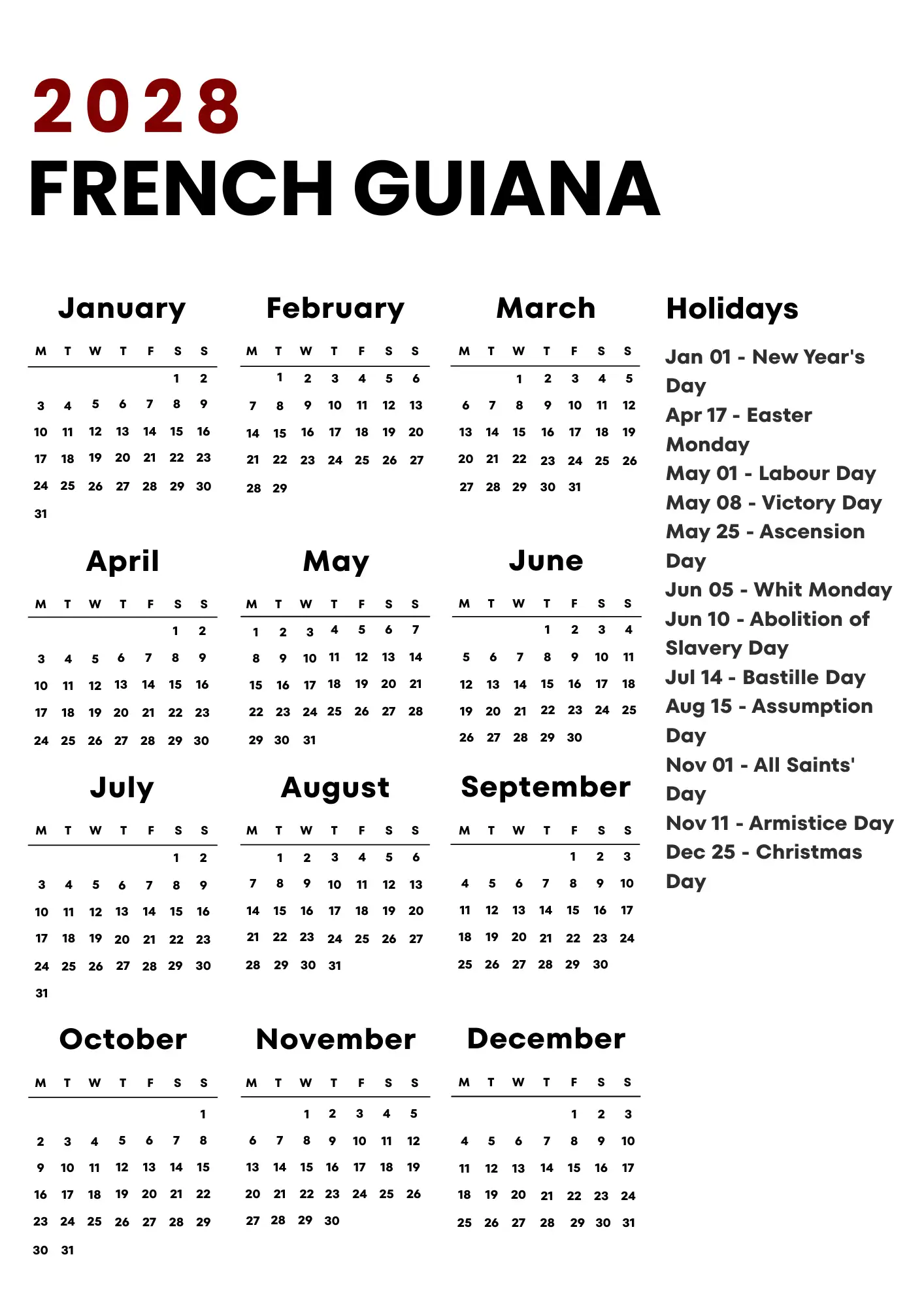 French Guiana Calendar 2028
