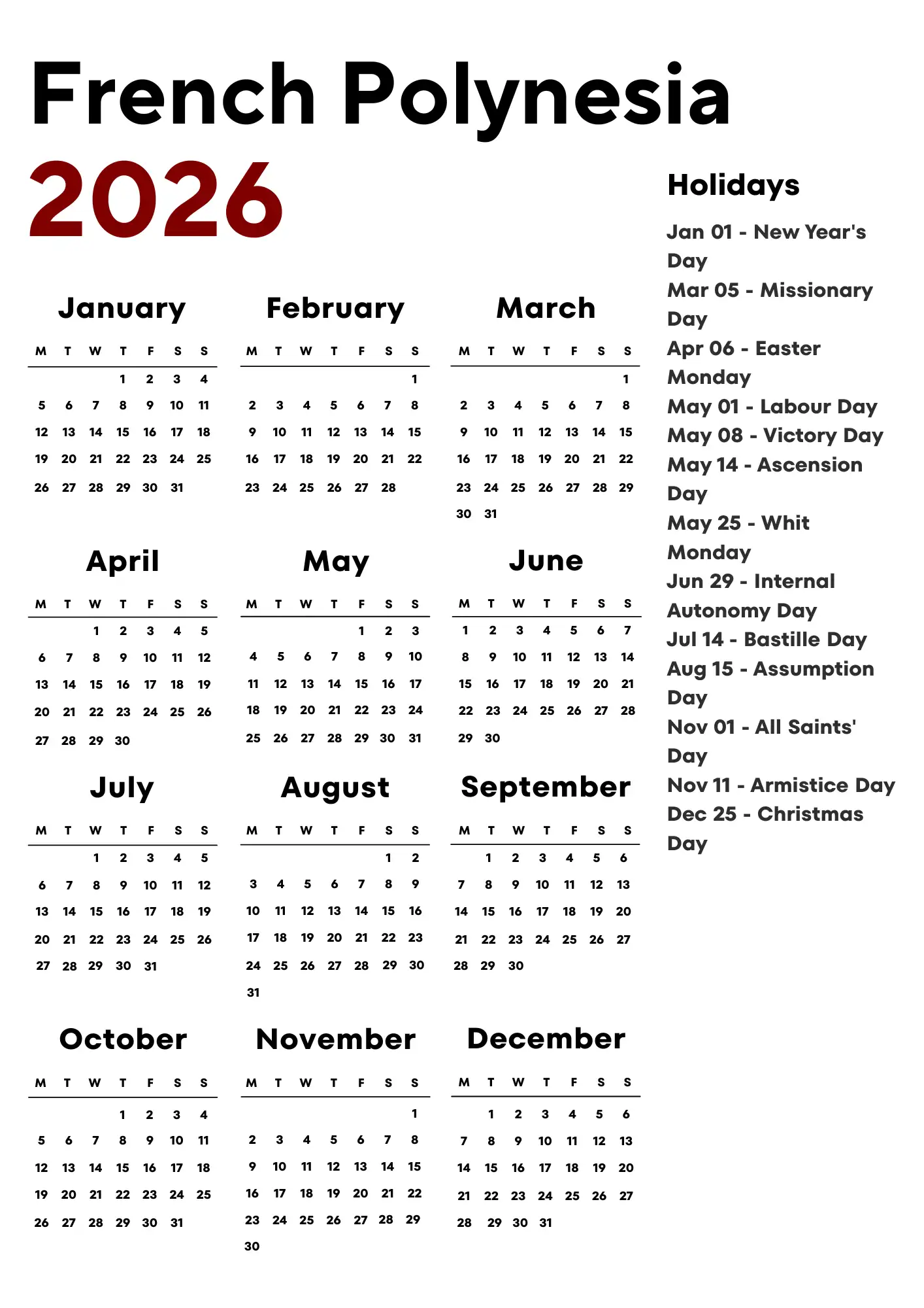 French Polynesia Calendar 2026