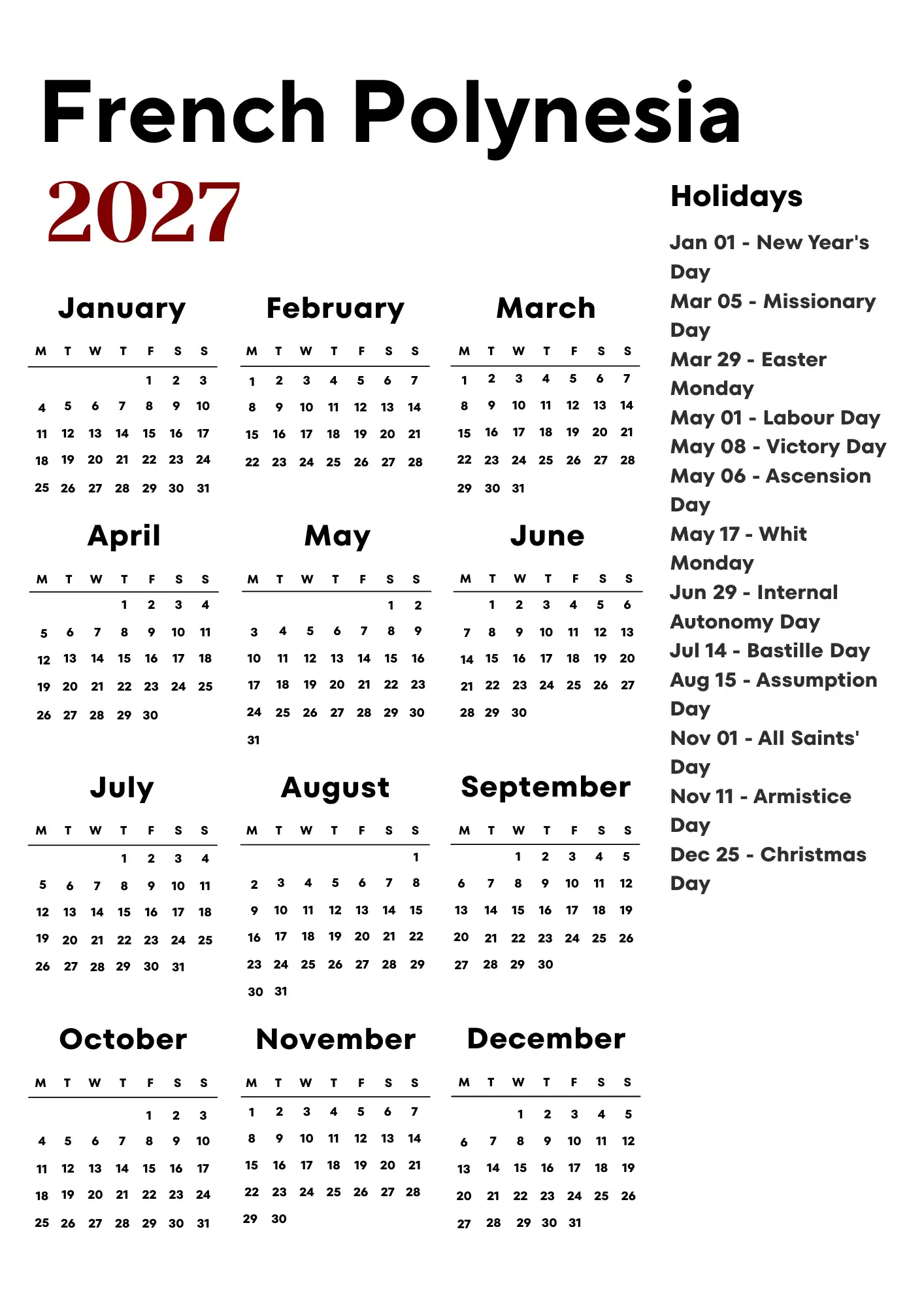 French Polynesia Calendar 2027