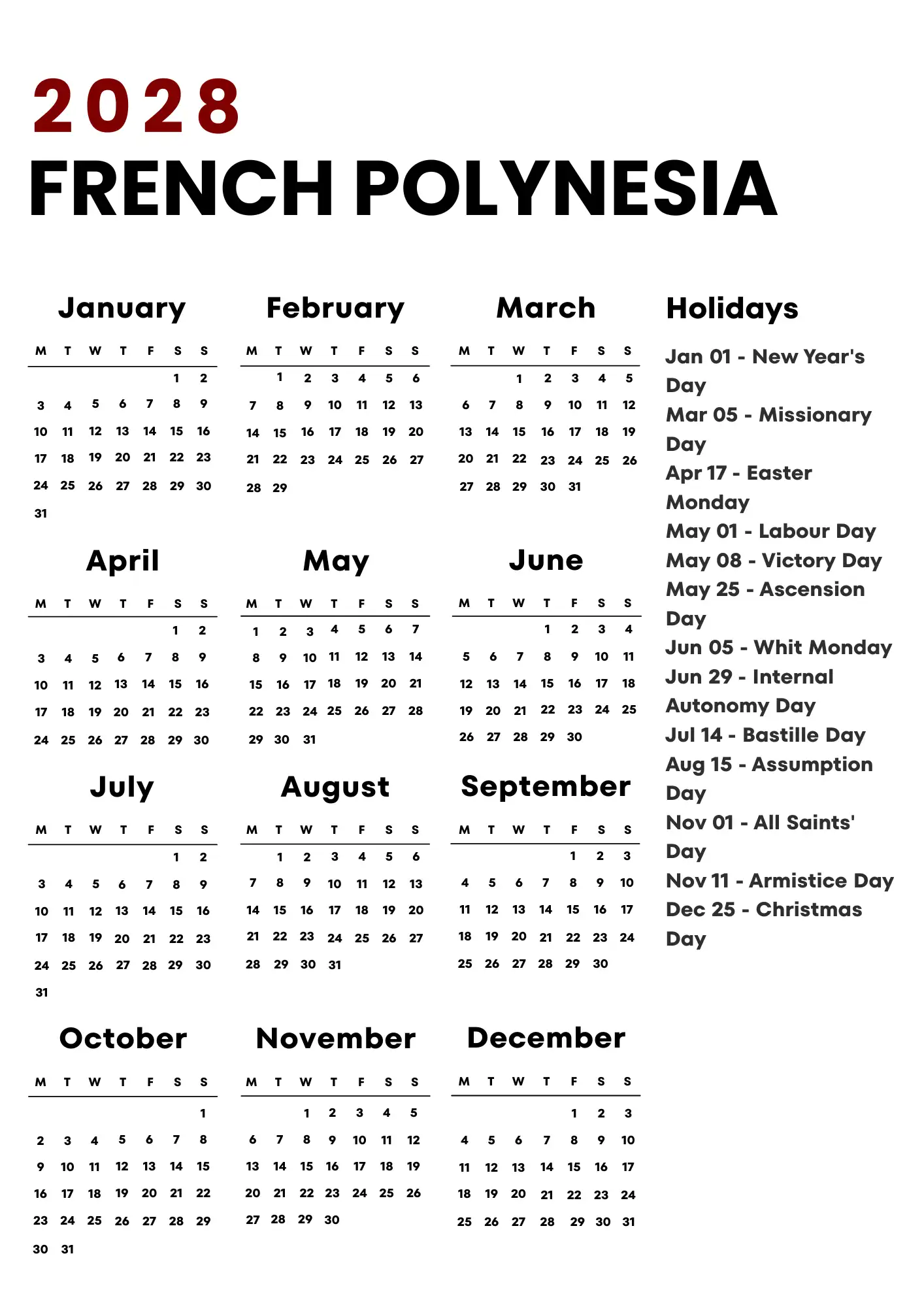 French Polynesia Calendar 2028