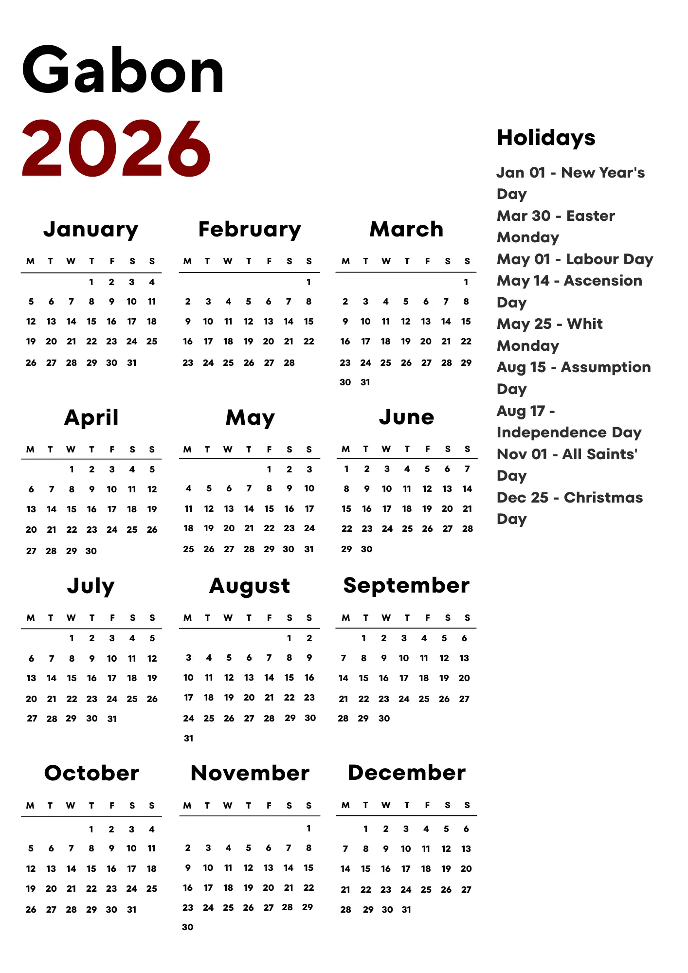 Gabon Calendar 2026