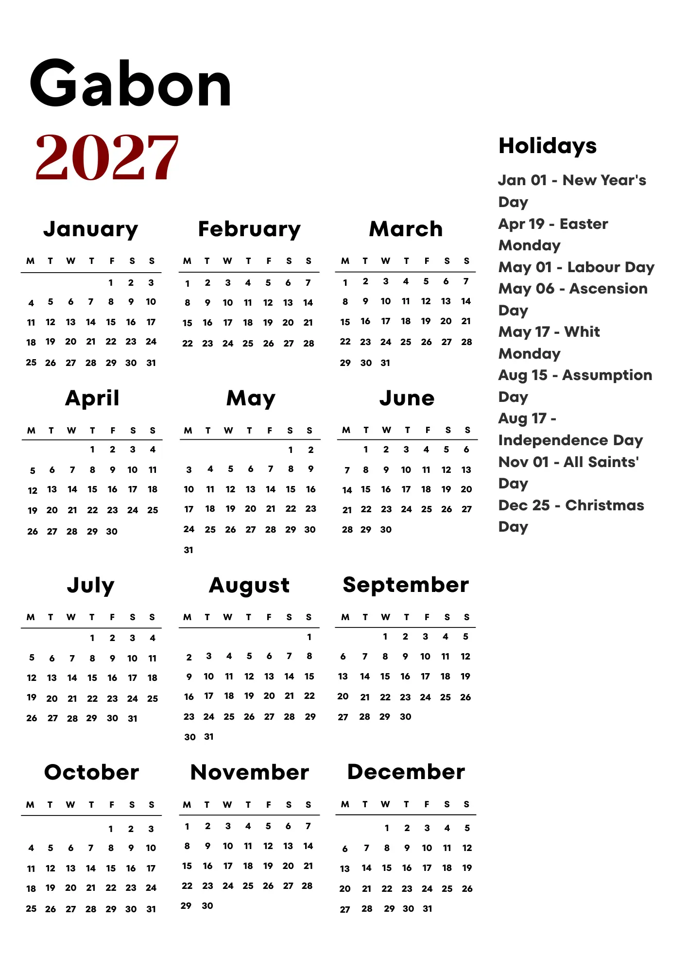 Gabon Calendar 2027