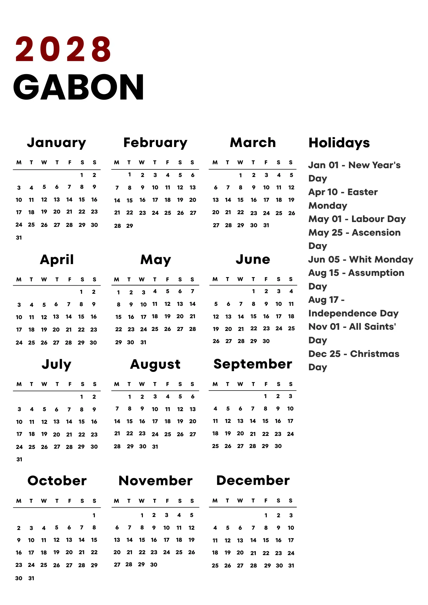 Gabon Calendar 2028
