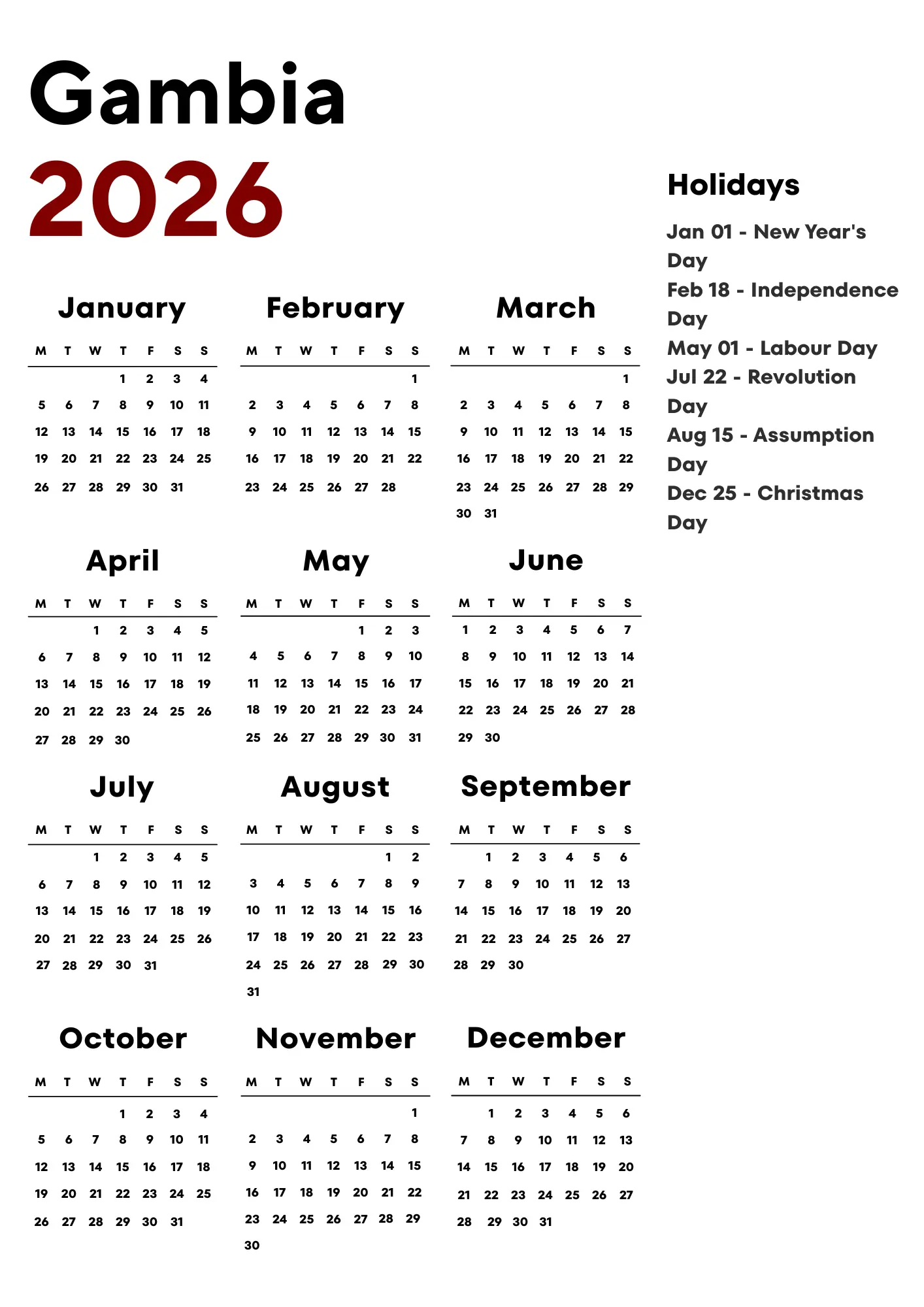 Gambia Calendar 2026