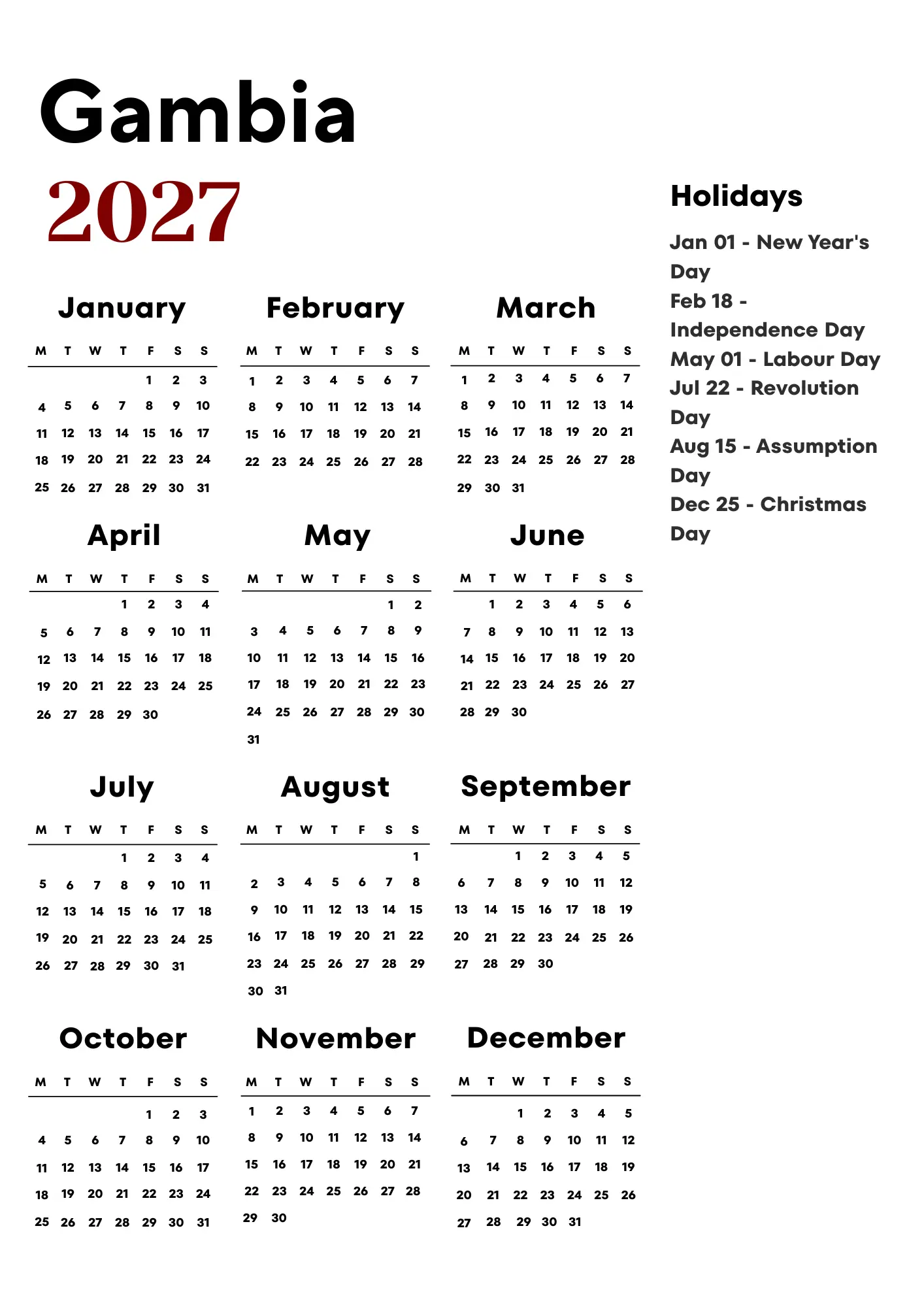 Gambia Calendar 2027