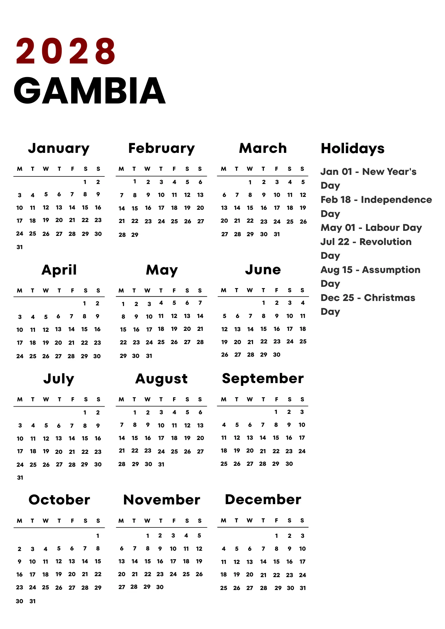 Gambia Calendar 2028
