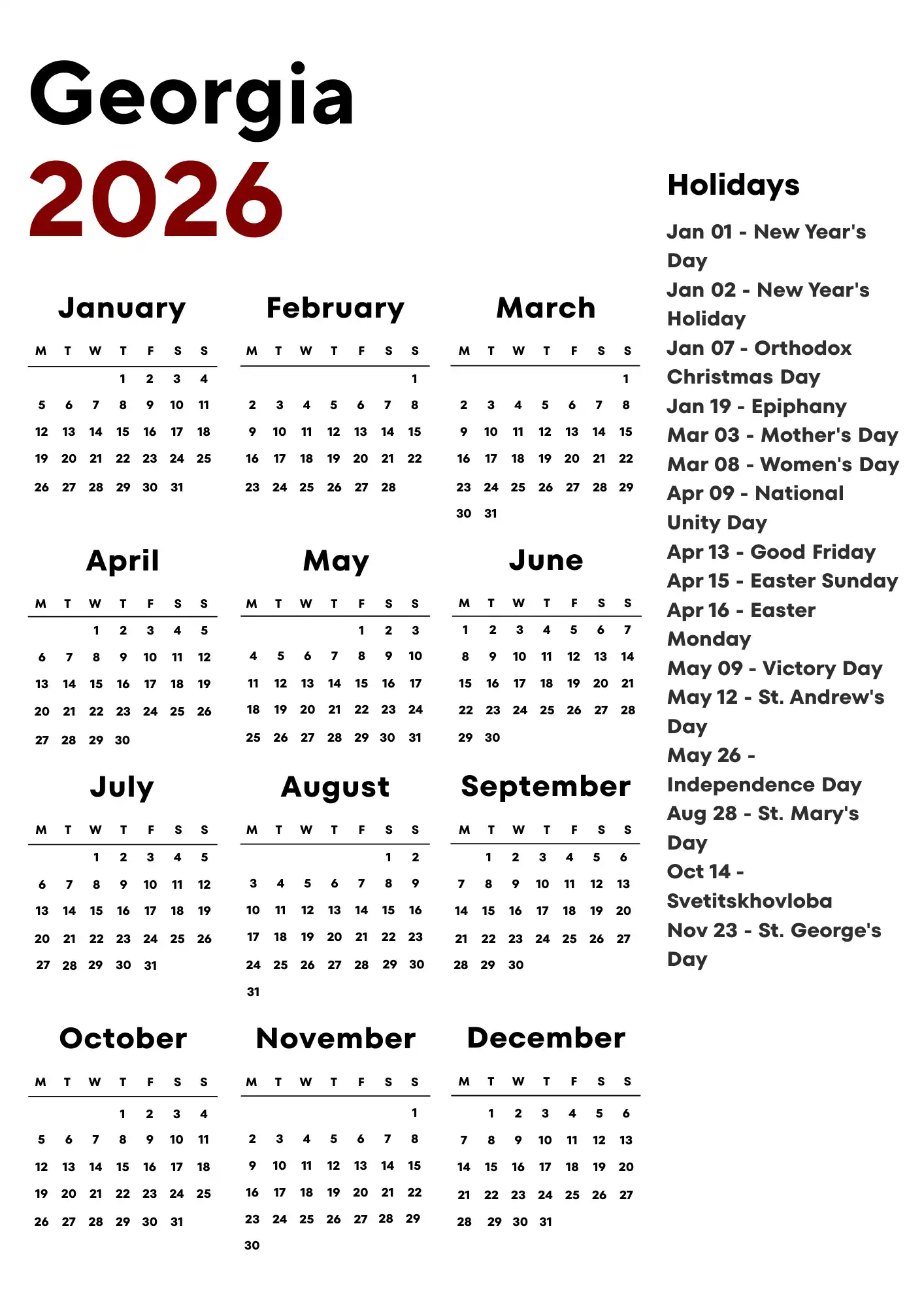 Georgia Calendar 2026