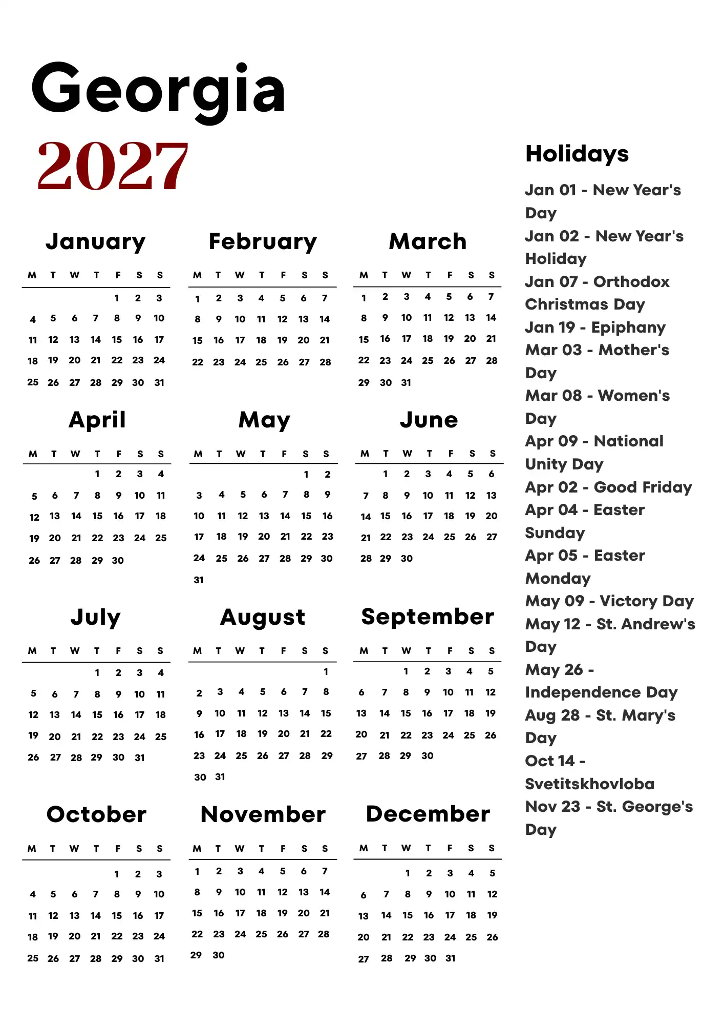 Georgia Calendar 2027