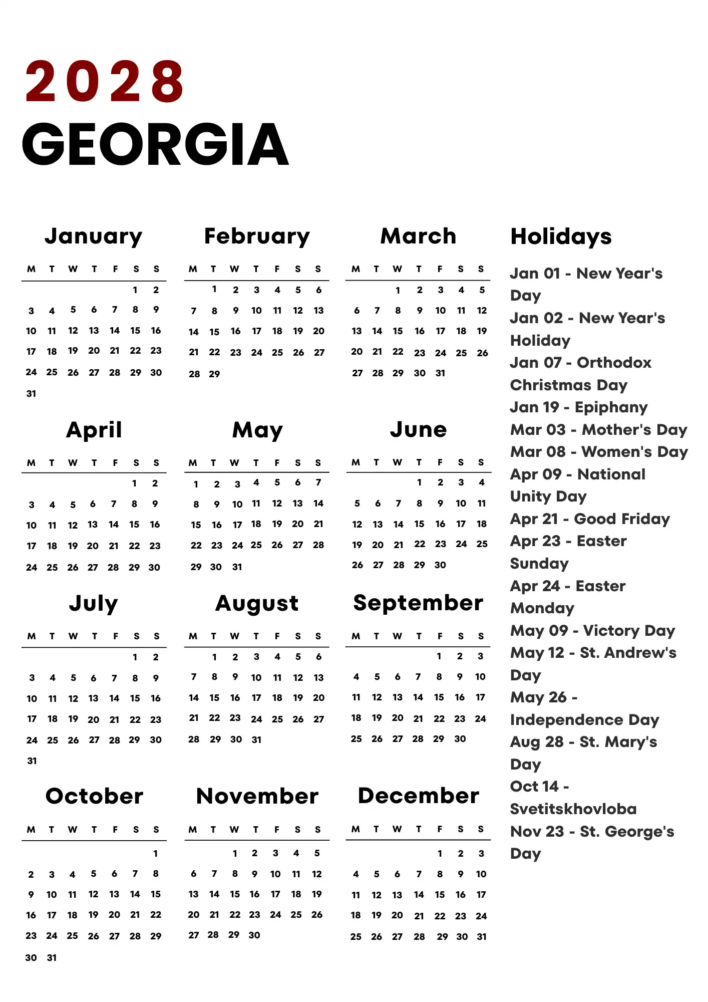 Georgia Calendar 2028