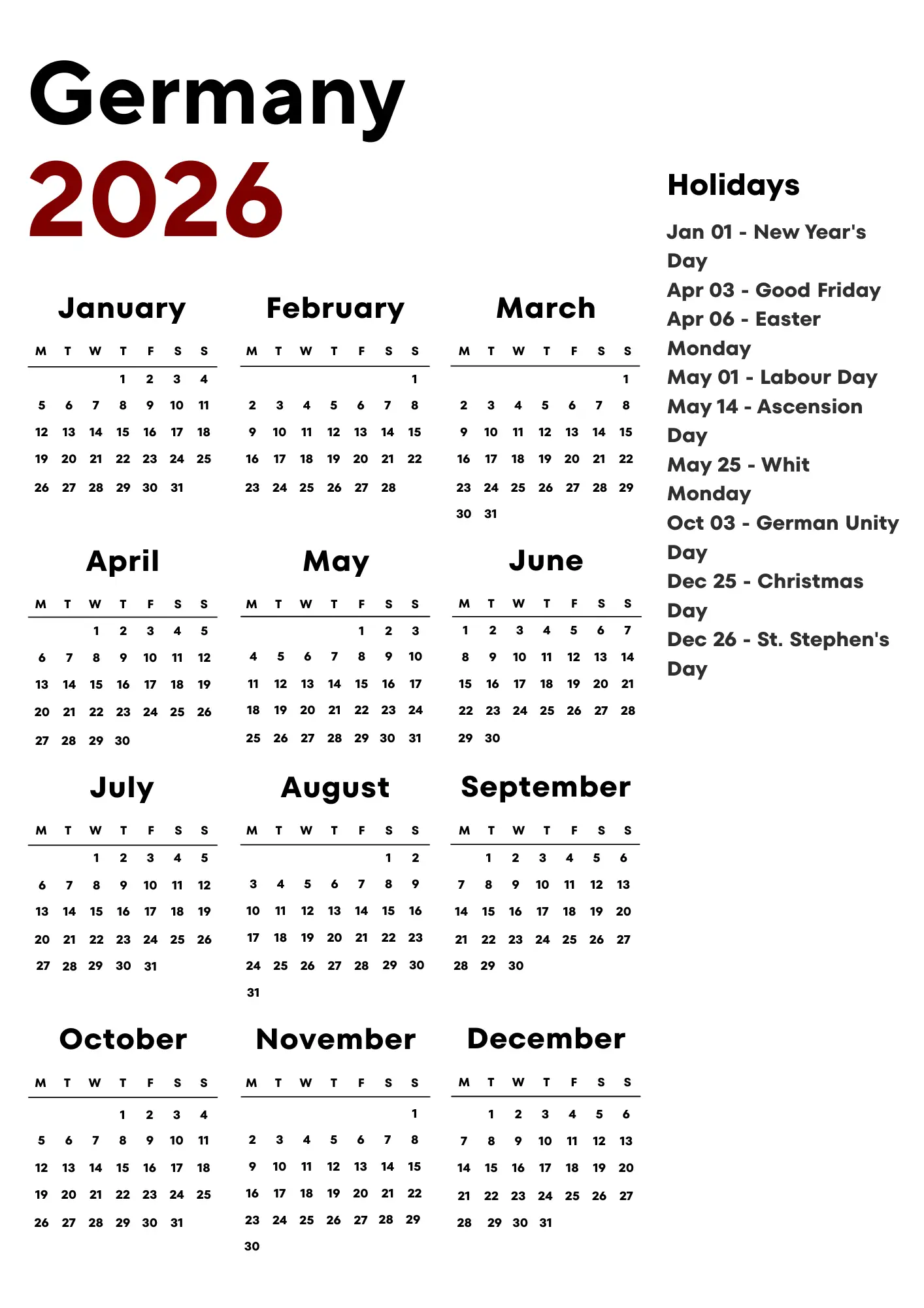 Germany Calendar 2026