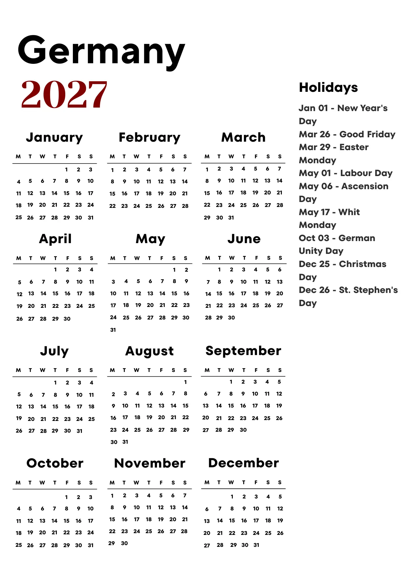 Germany Calendar 2027