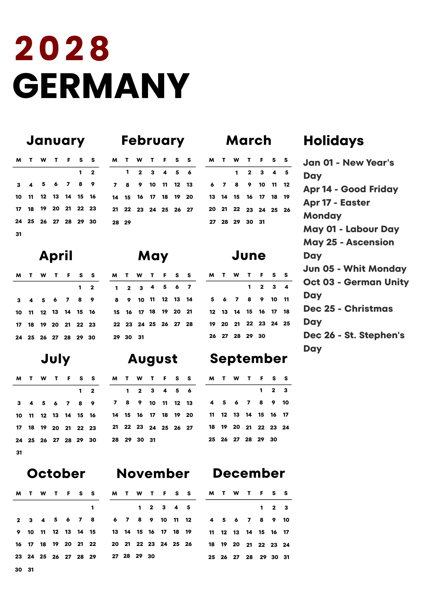 Germany Calendar 2028