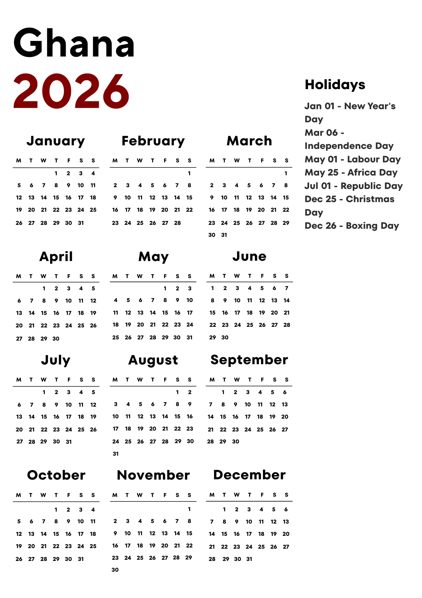 Ghana Calendar 2026