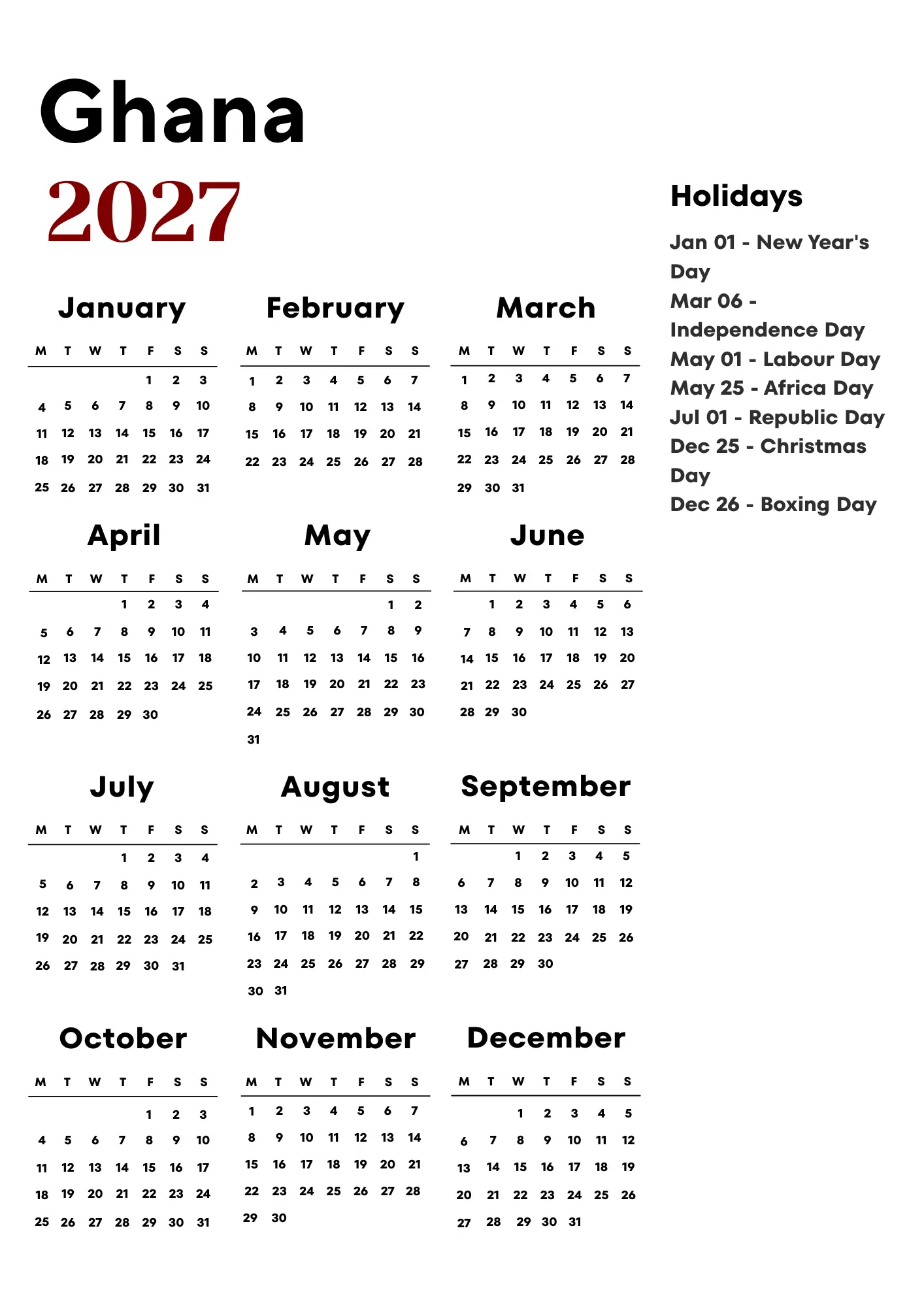 Ghana Calendar 2027