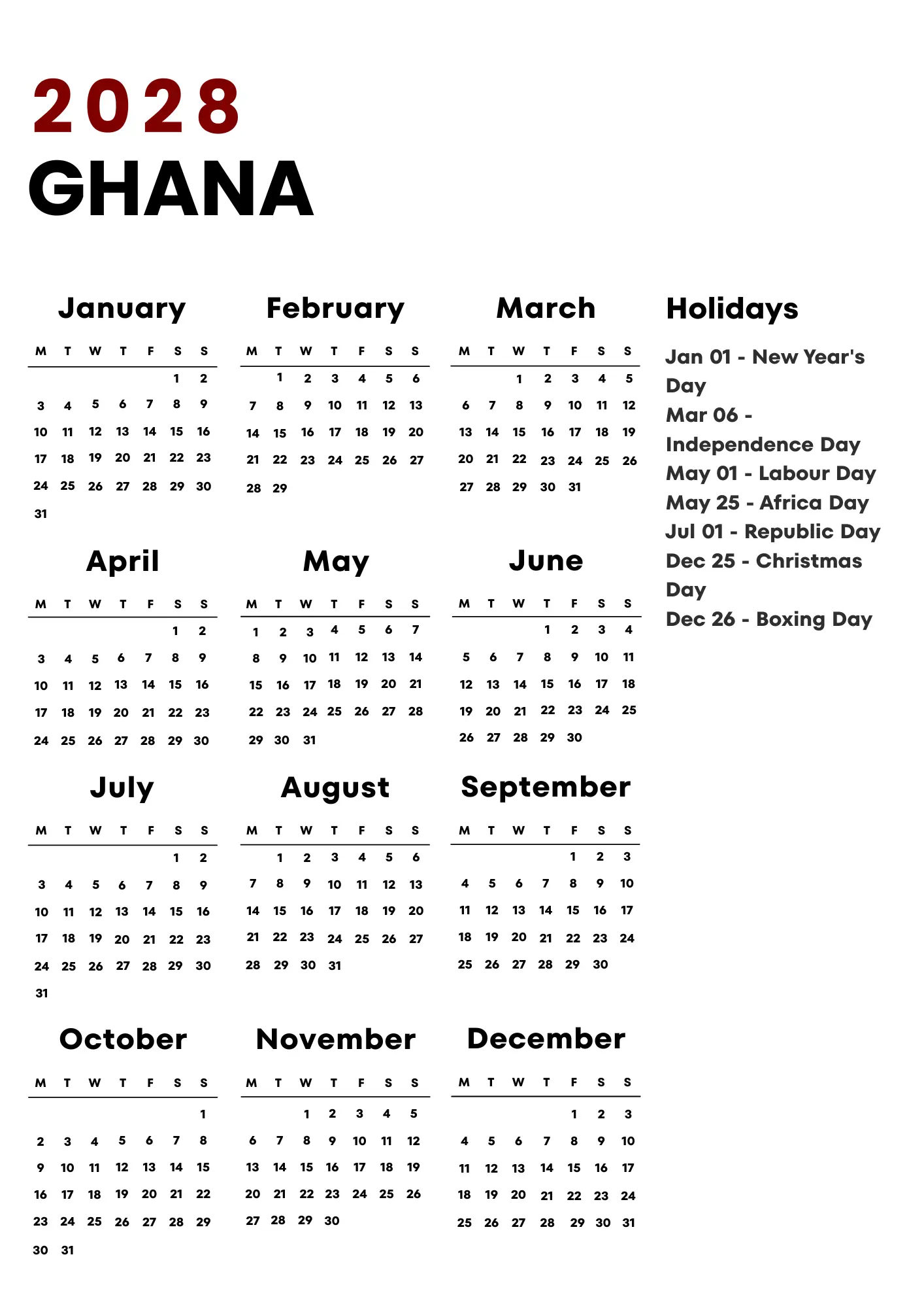 Ghana Calendar 2028