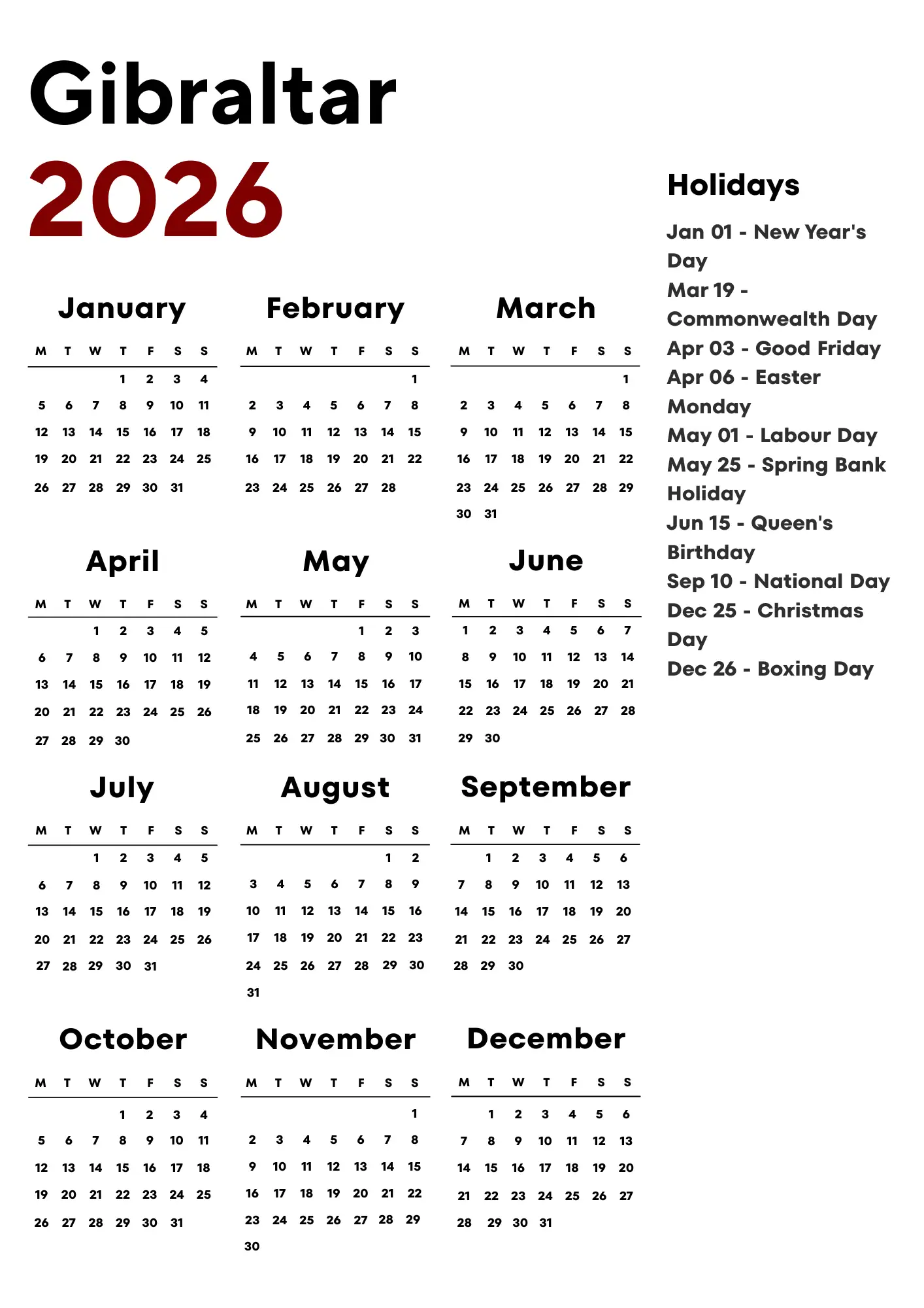 Gibraltar Calendar 2026