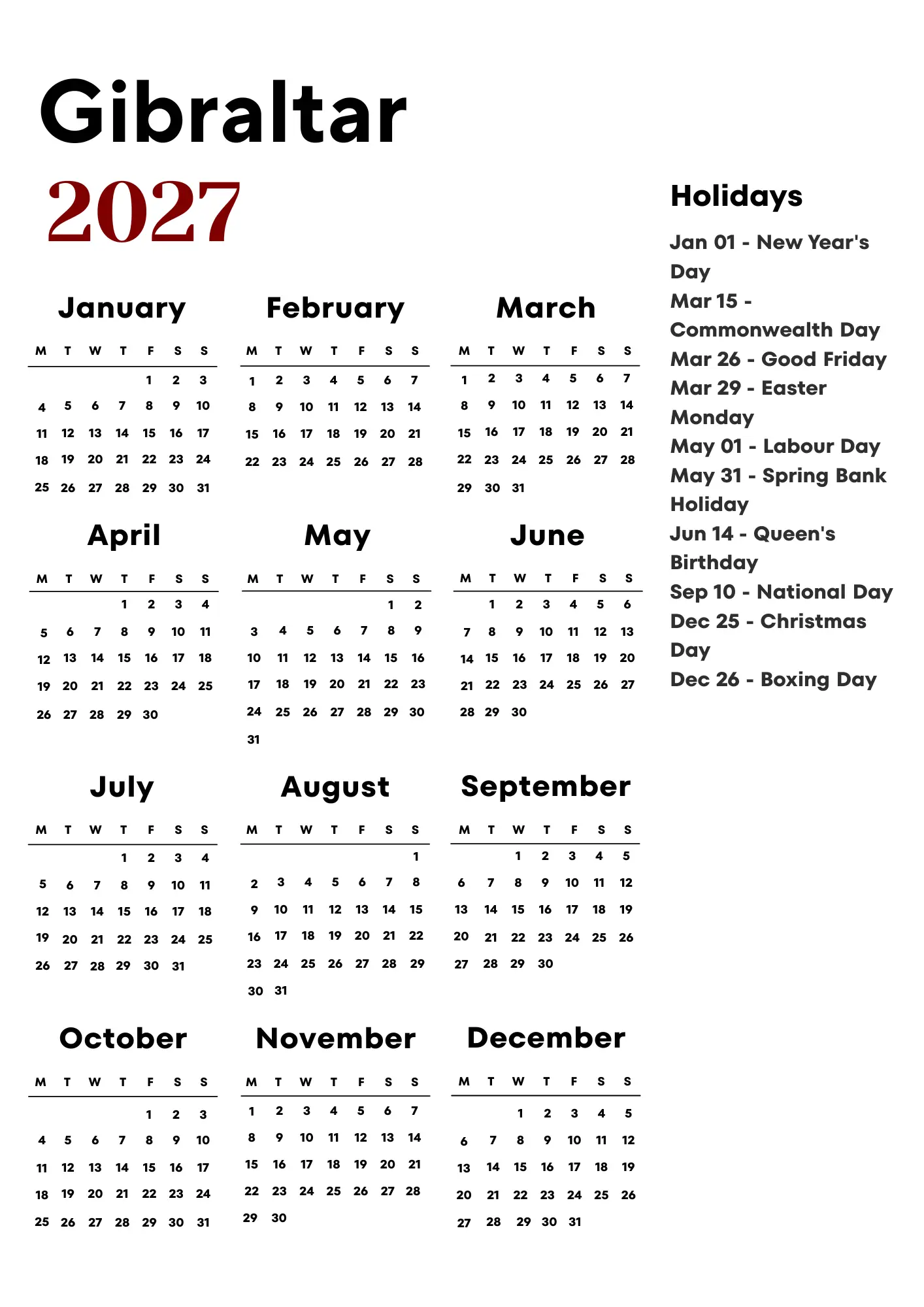 Gibraltar Calendar 2027