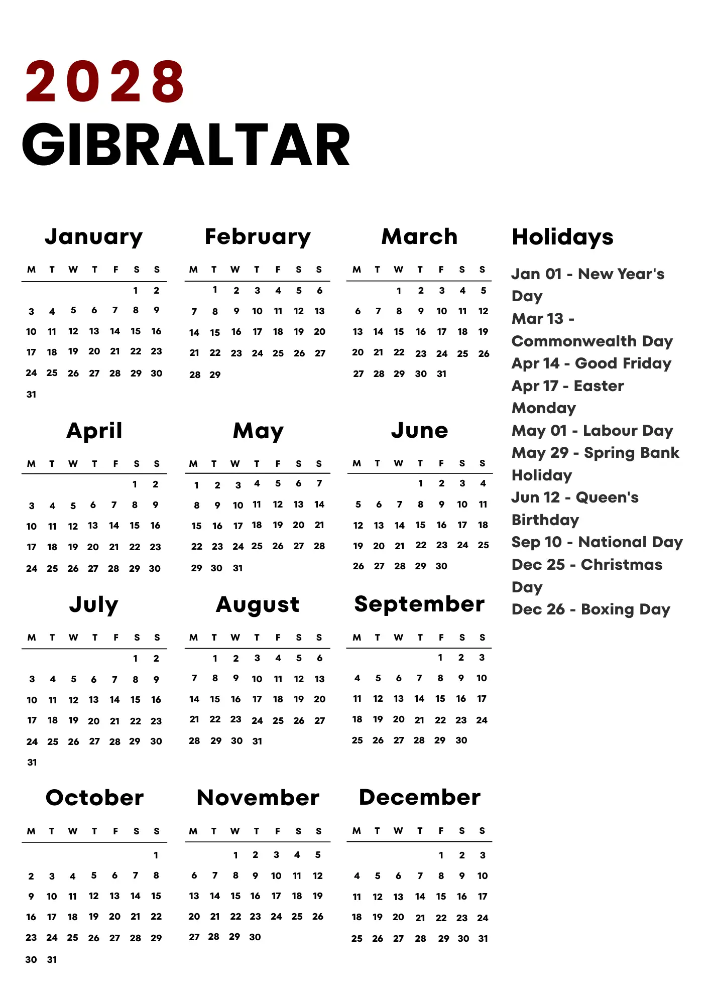 Gibraltar Calendar 2028