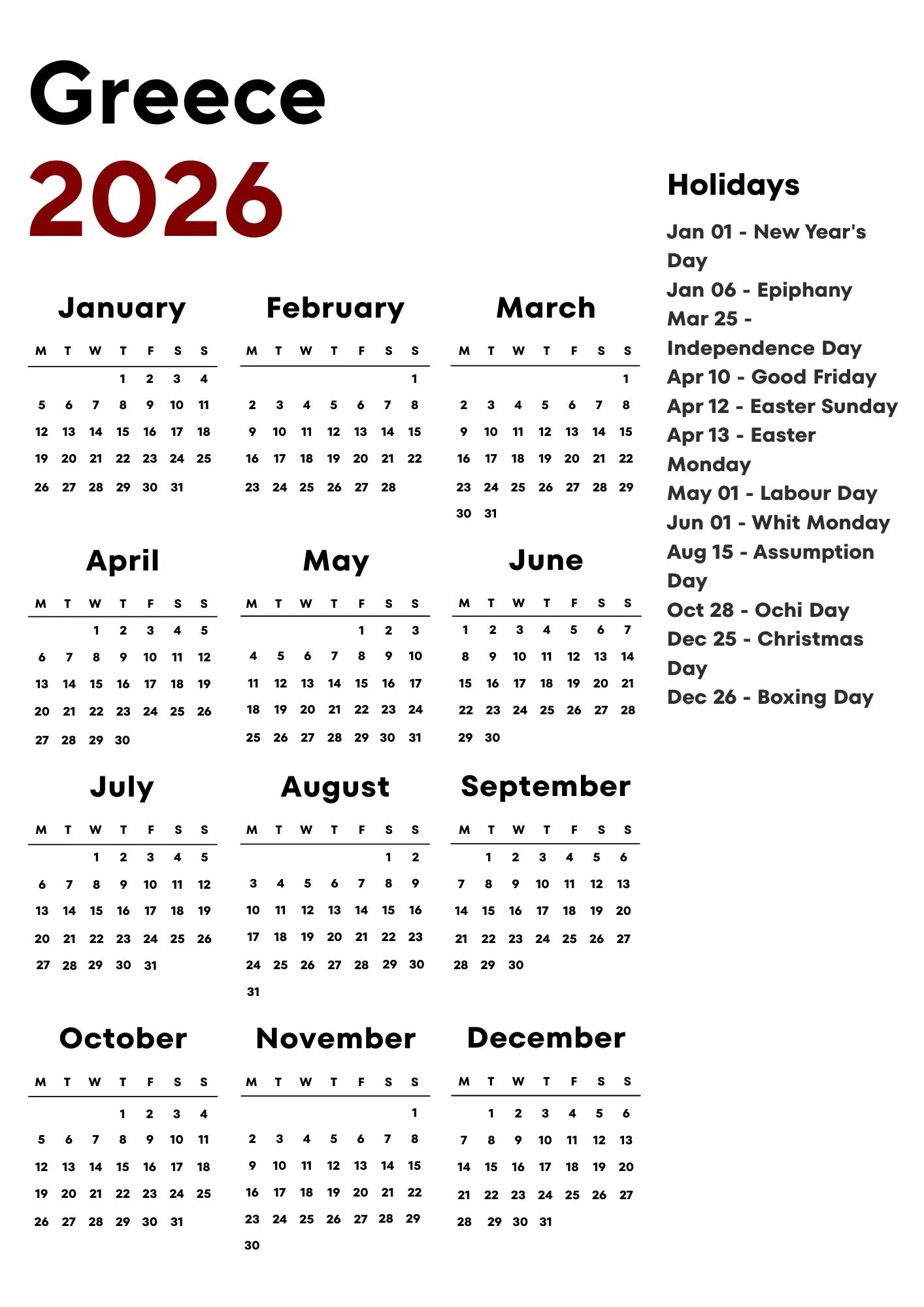 Greece Calendar 2026