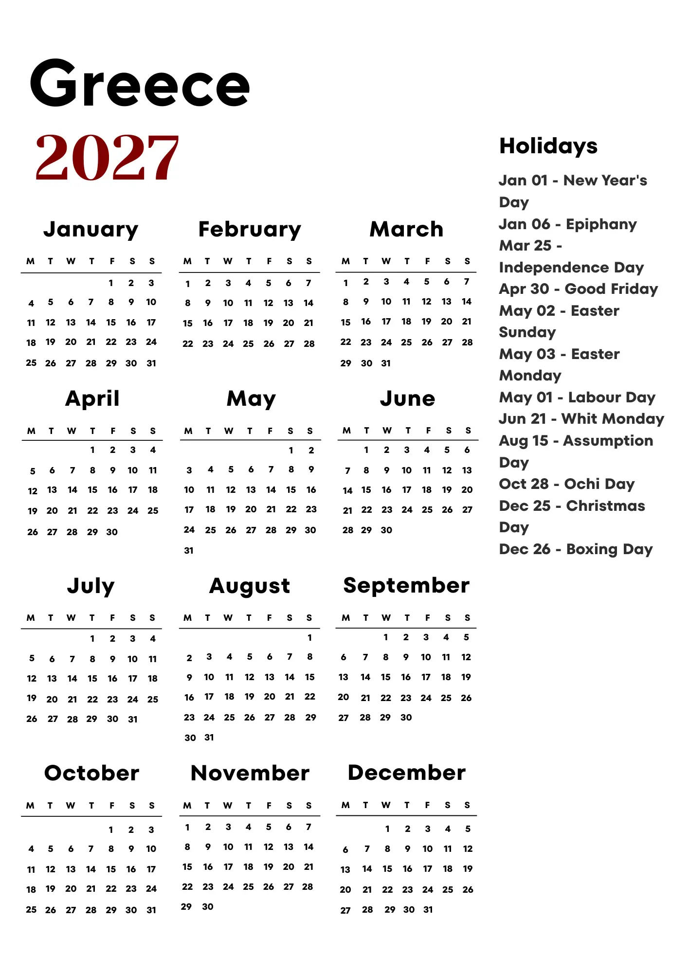 Greece Calendar 2027
