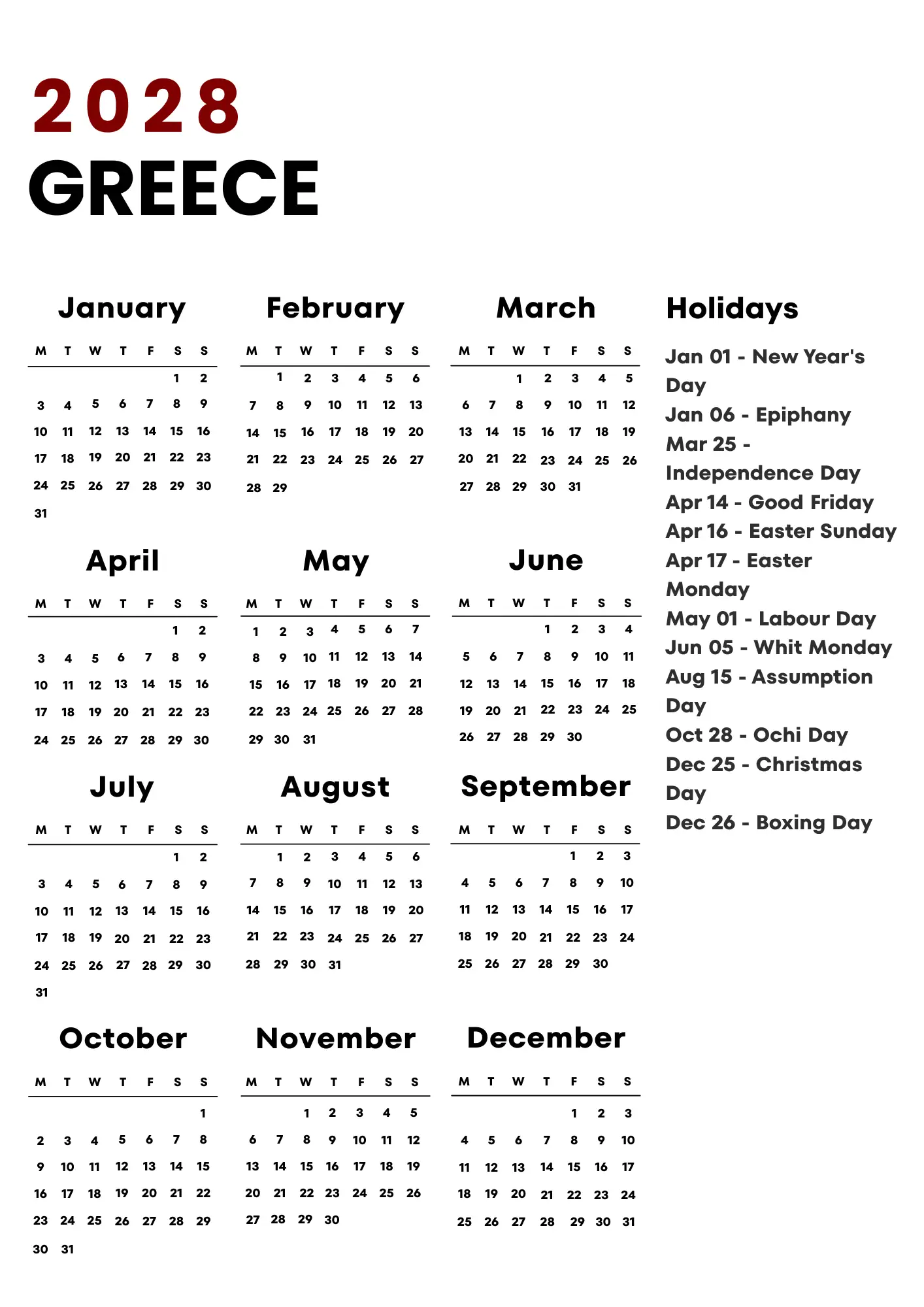 Greece Calendar 2028