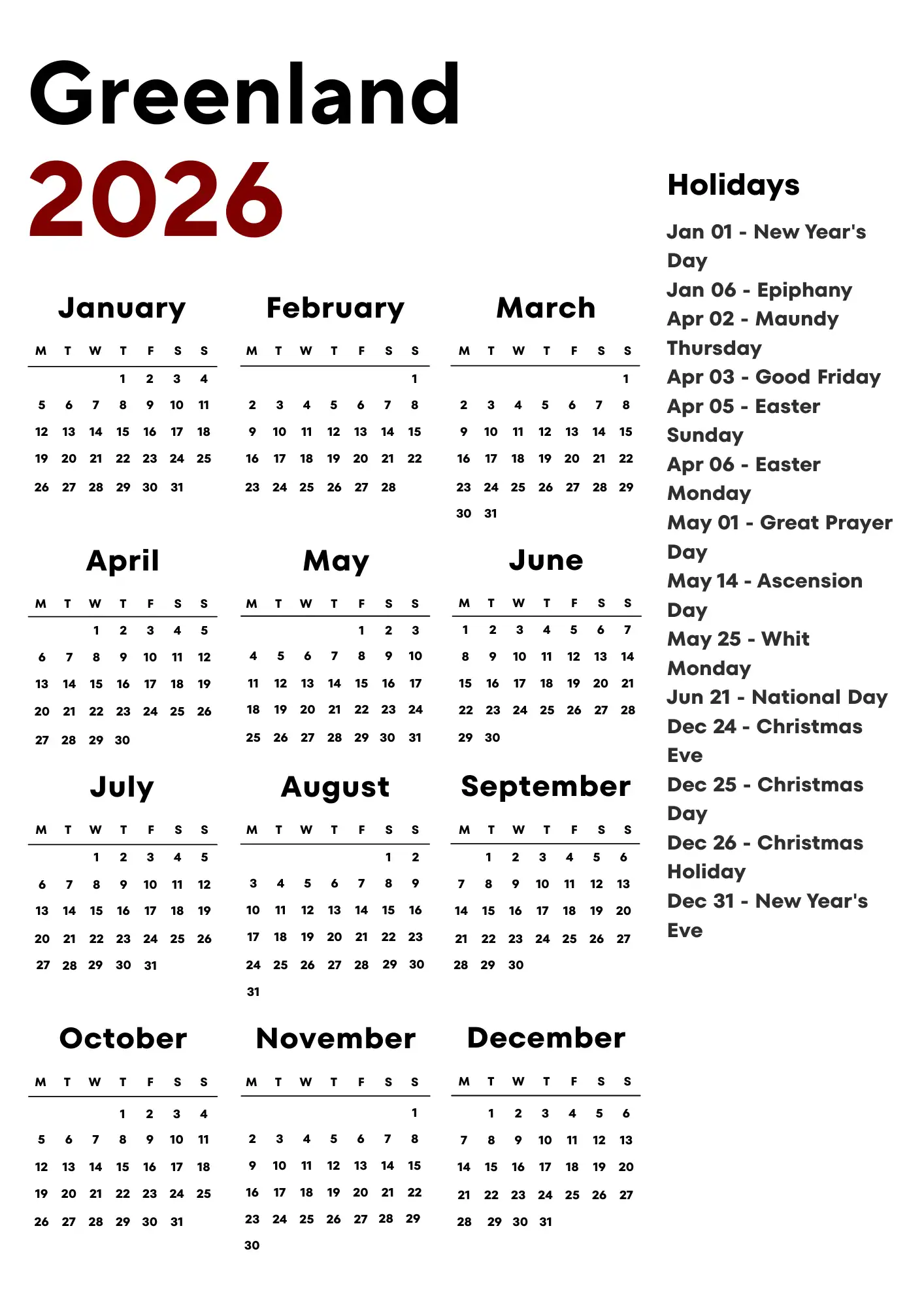 Greenland Calendar 2026