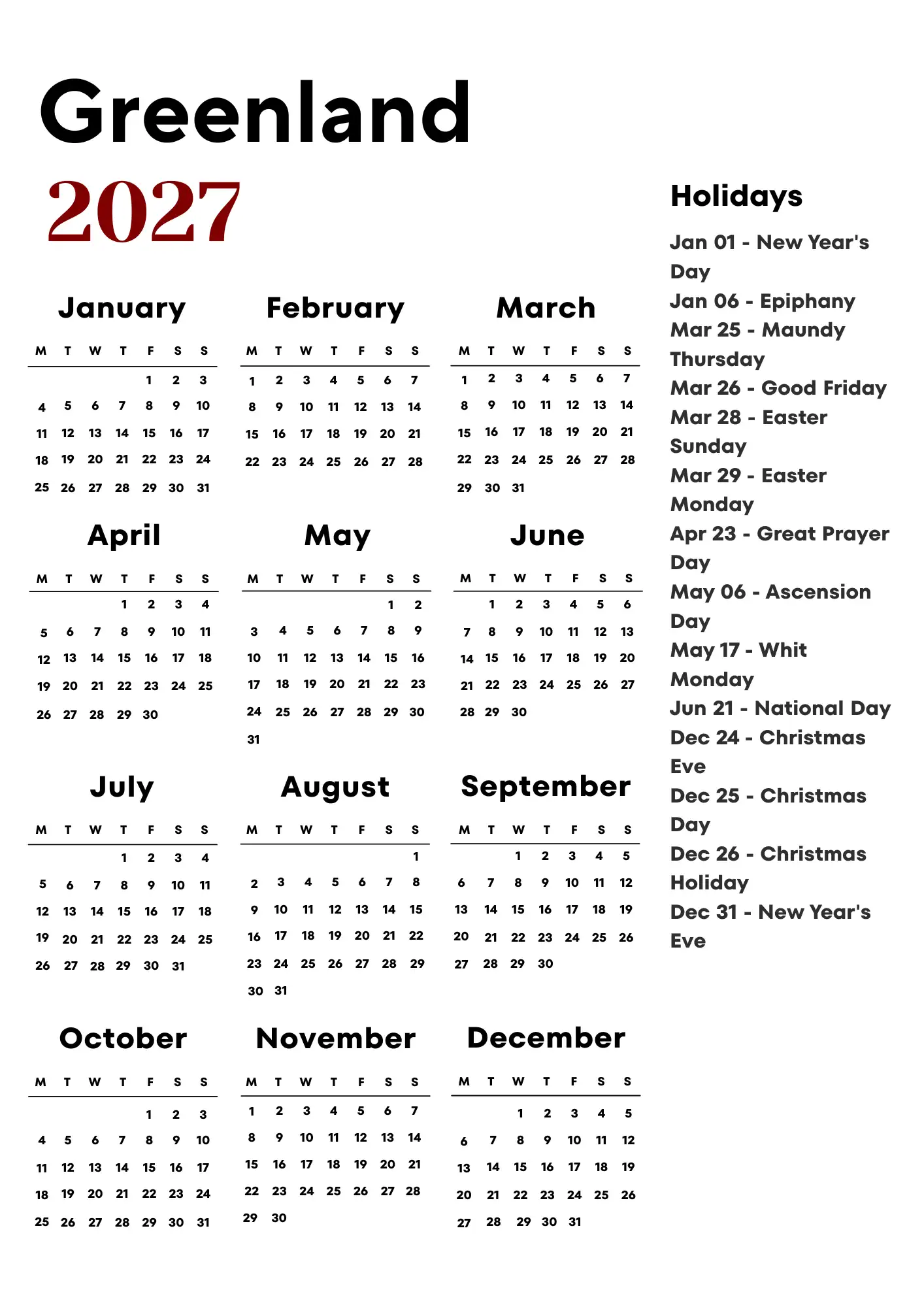 Greenland Calendar 2027