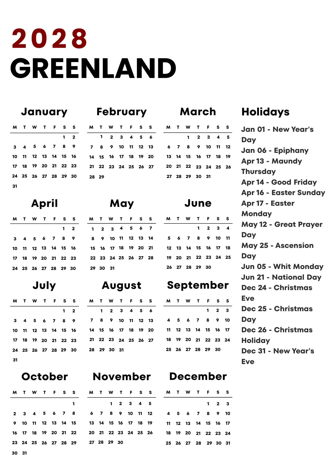 Greenland Calendar 2028
