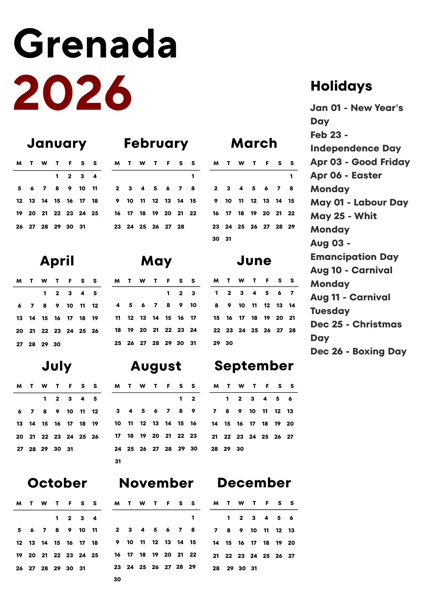 Grenada Calendar 2026