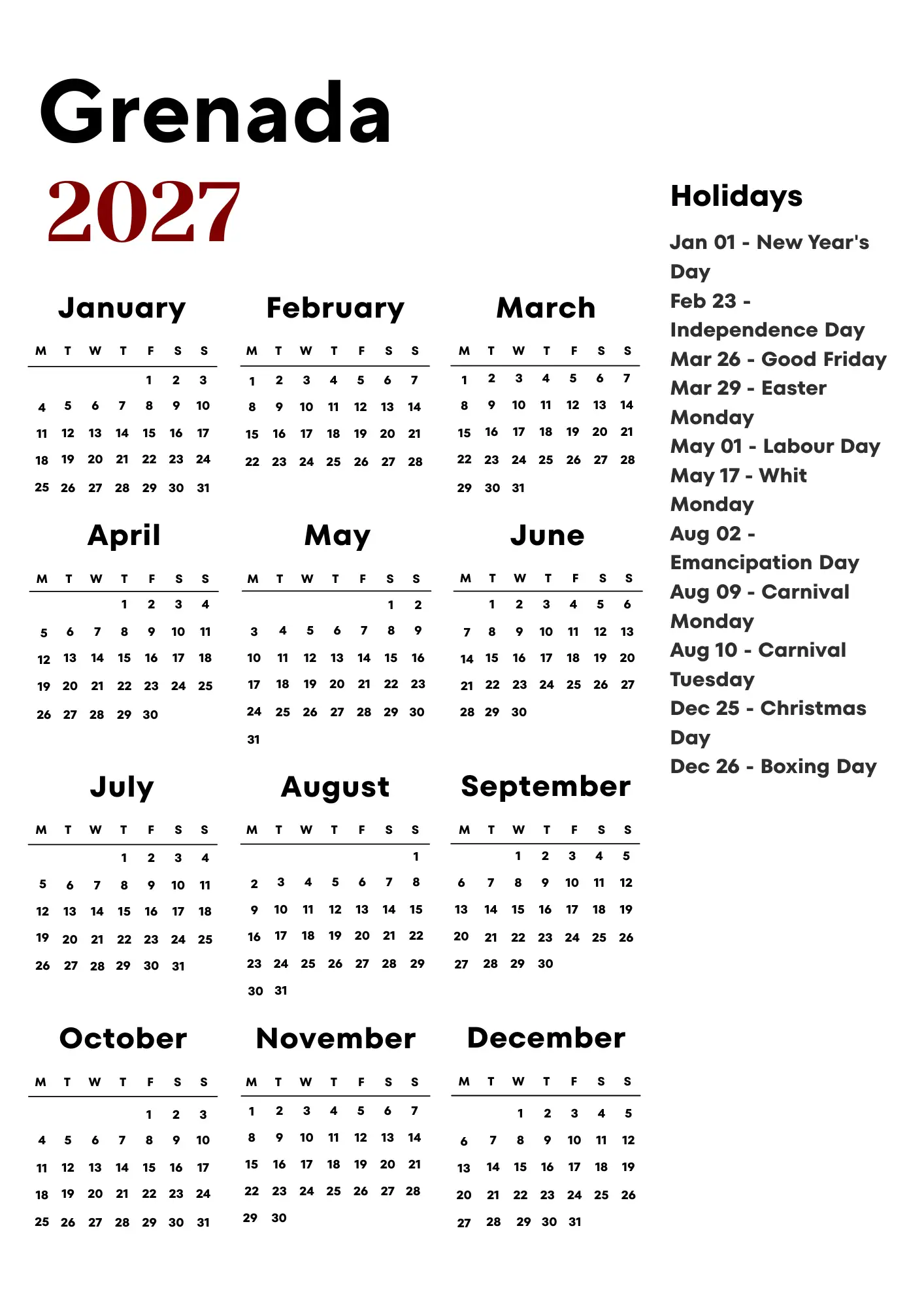 Grenada Calendar 2027