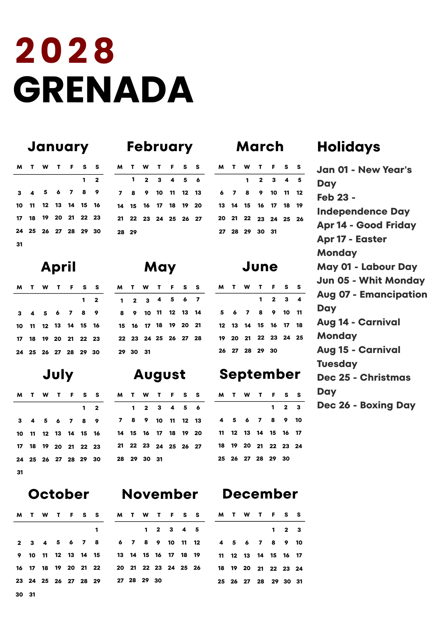 Grenada Calendar 2028