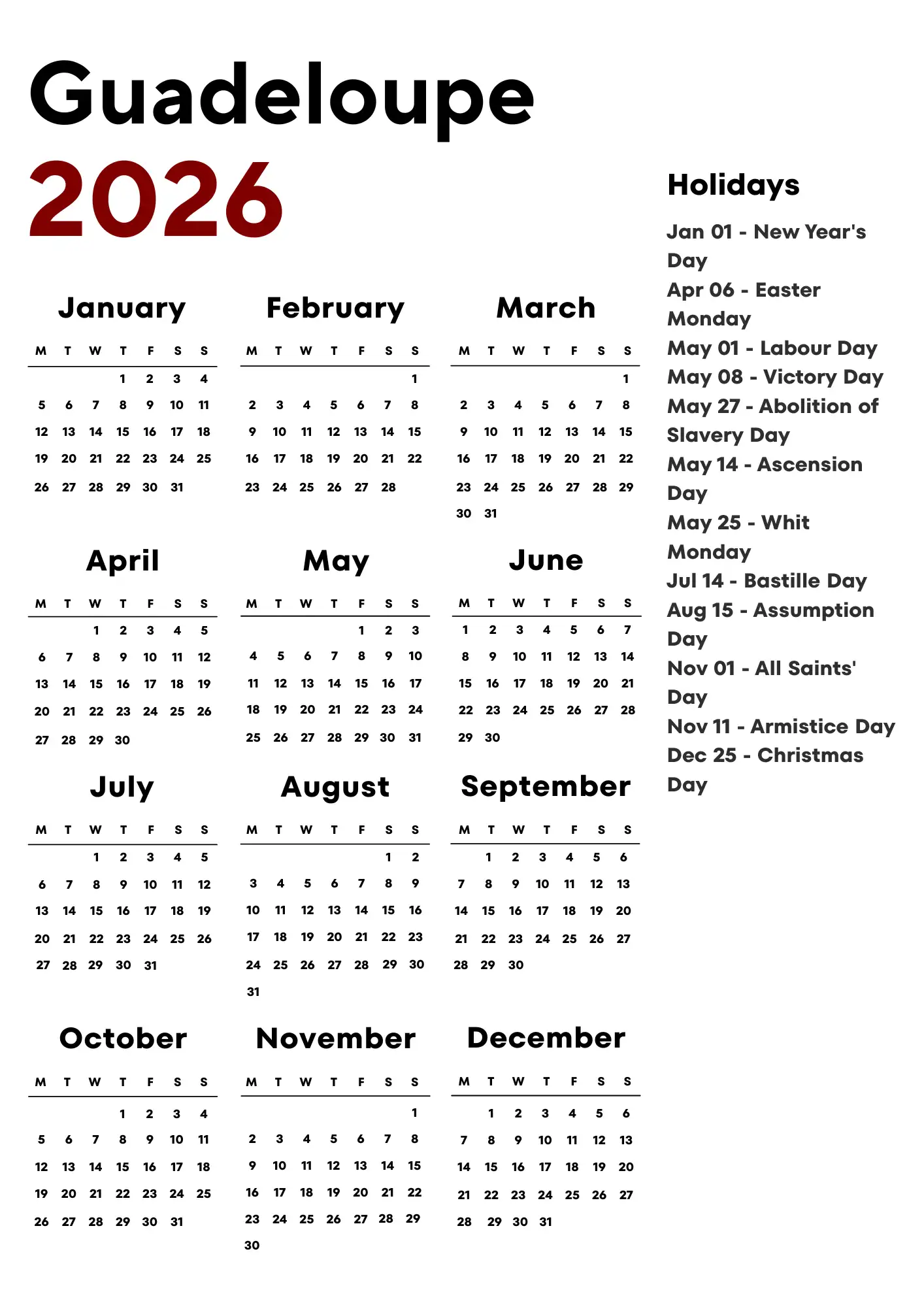 Guadeloupe Calendar 2026