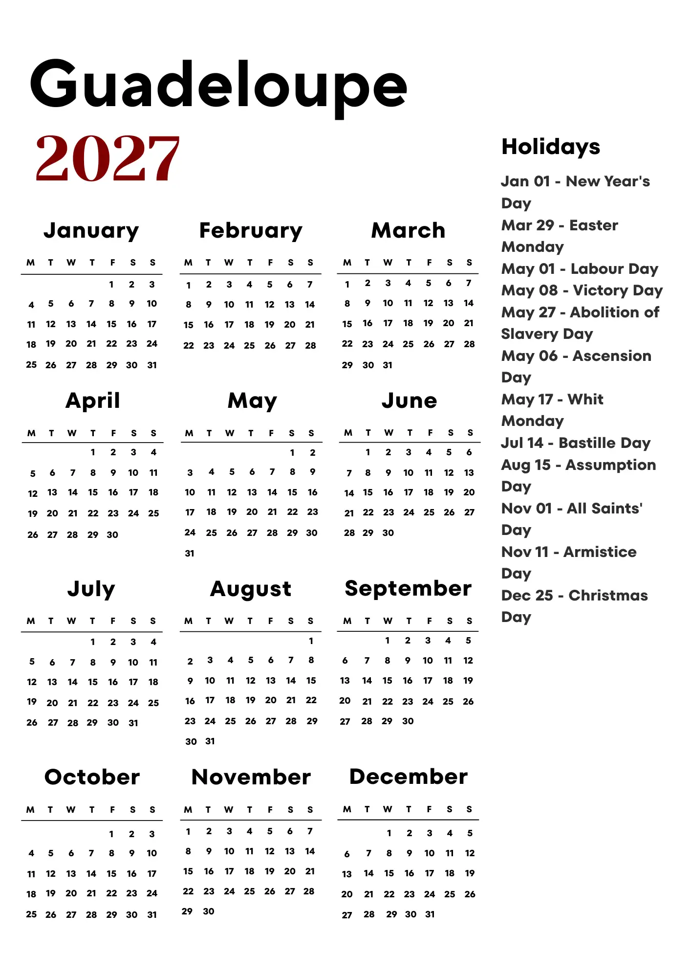 Guadeloupe Calendar 2027