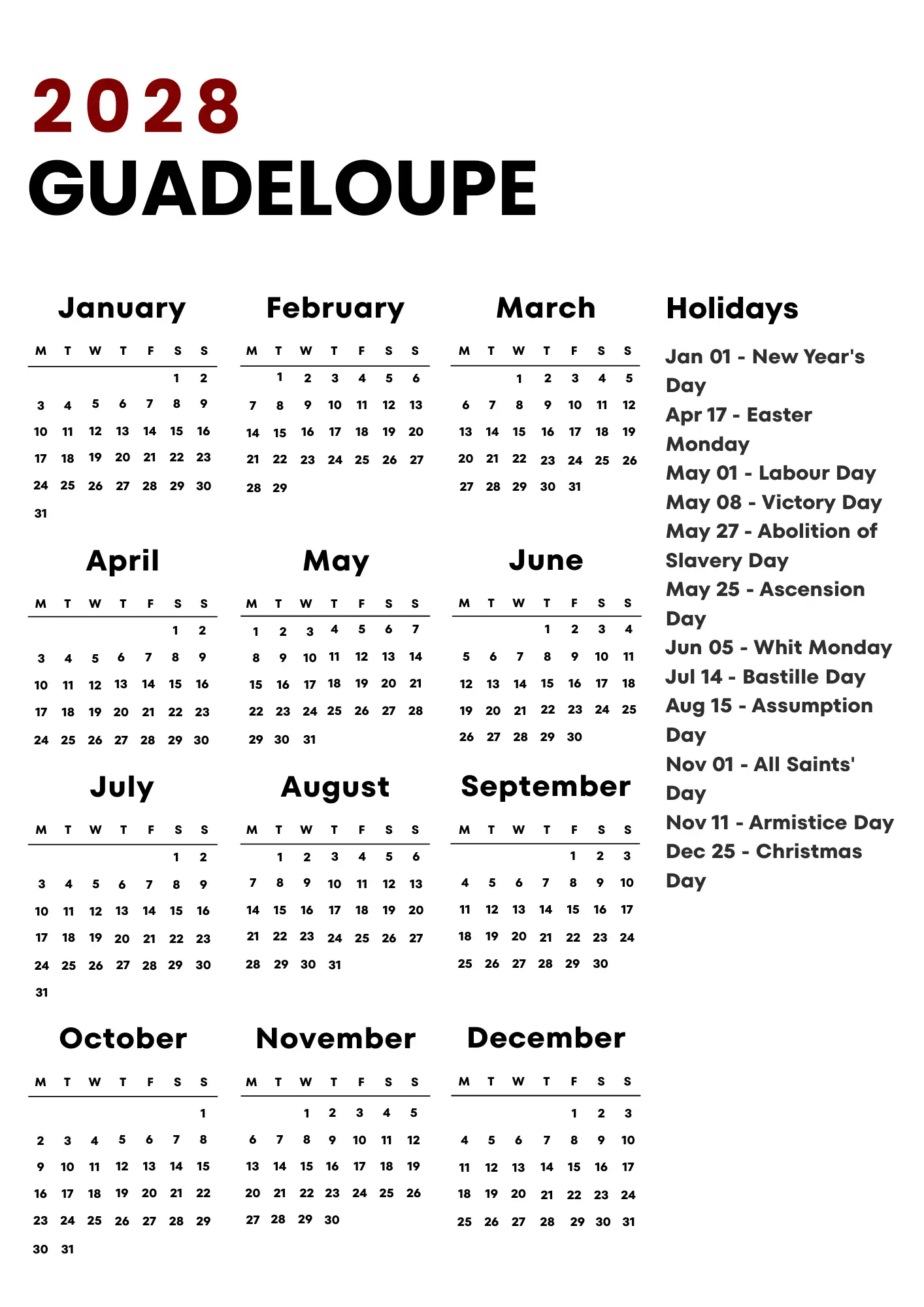 Guadeloupe Calendar 2028