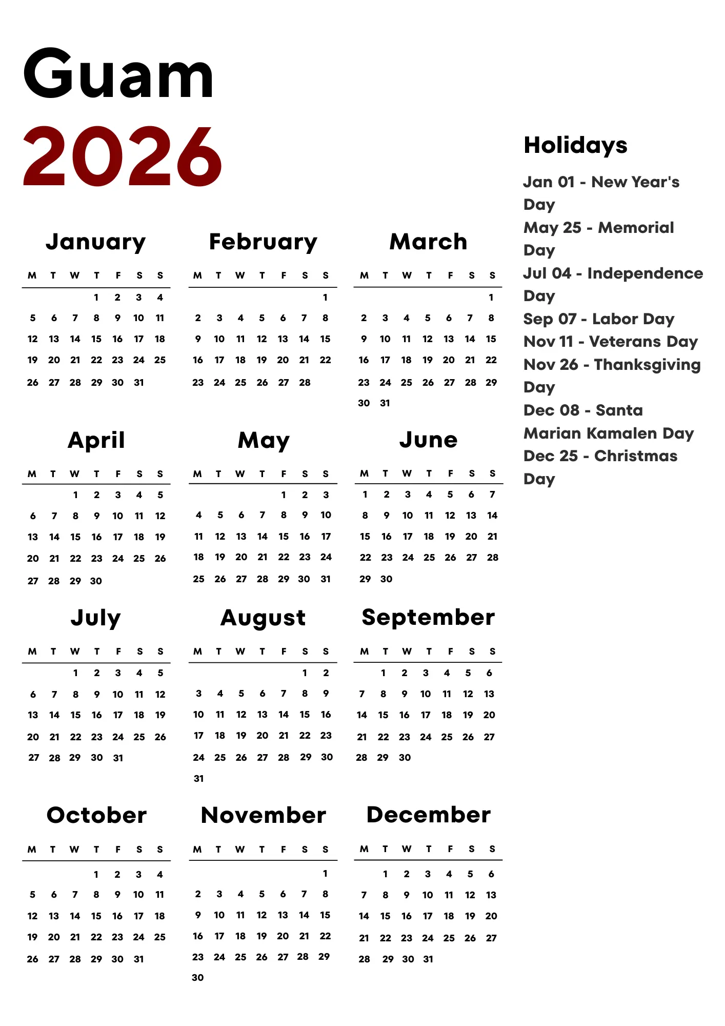 Guam Calendar 2026